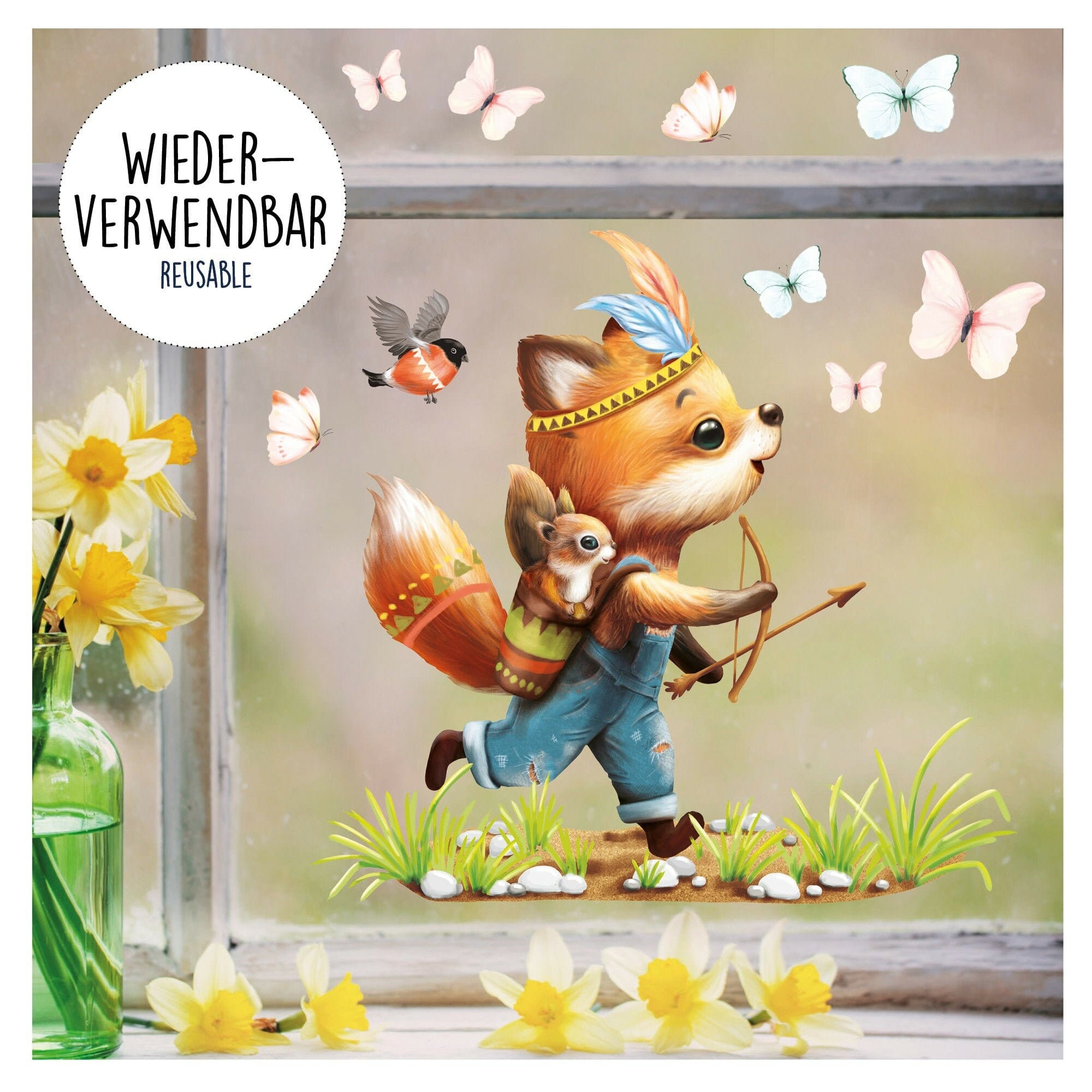 Fensterbild Frühling Indianer Fuchs Eichhörnchen Schmetterlinge