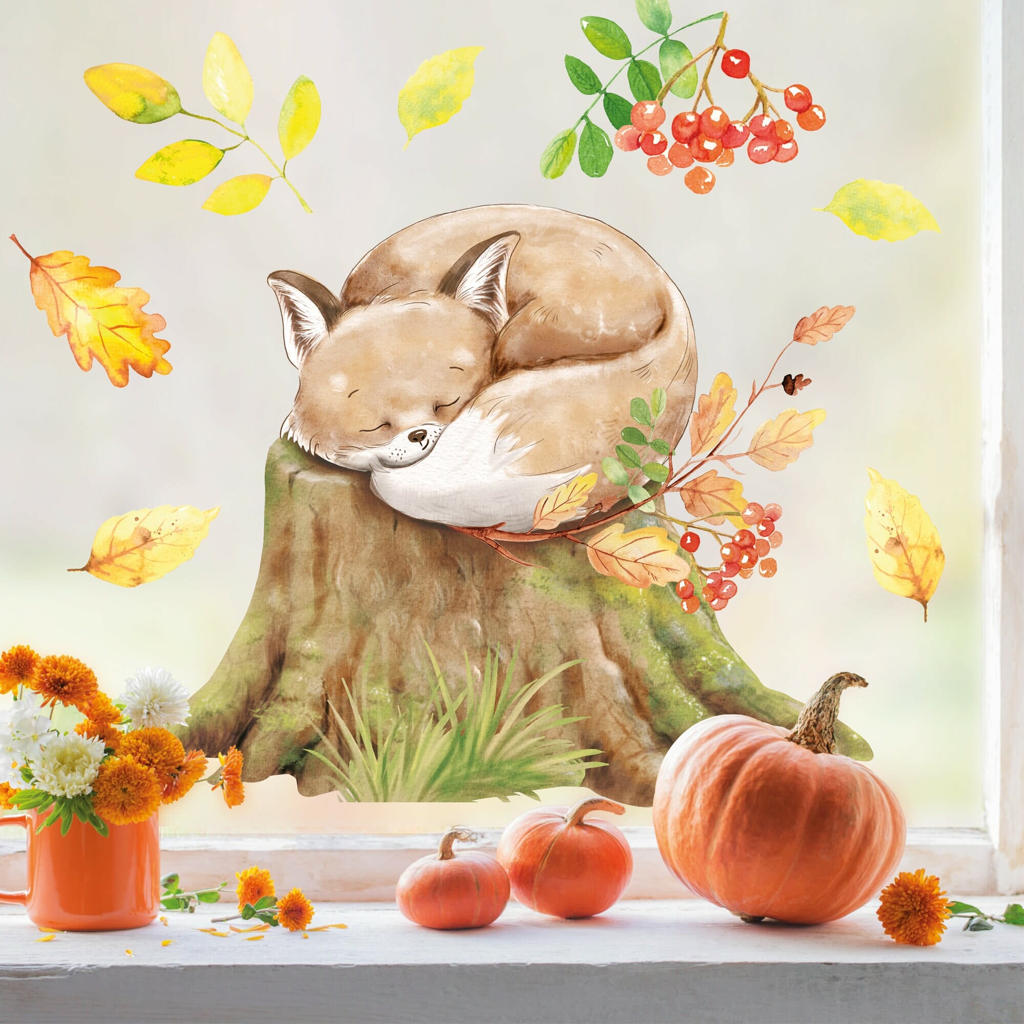 Fensterbild Herbst Fuchs auf Baumstumpf mit Blättern herbstlicher Fensteraufkleber Fensterdeko Kinderzimmer