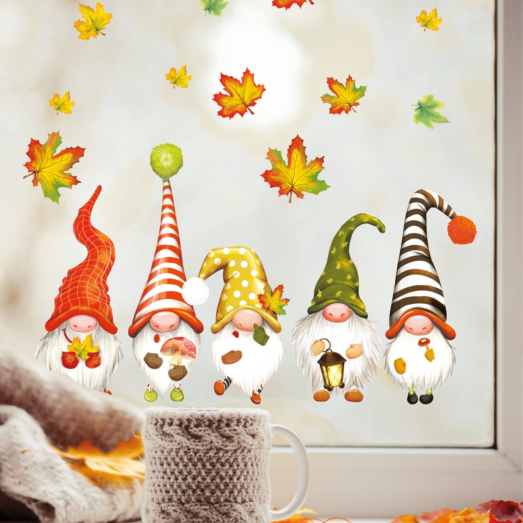 Fensterbild Herbst niedliche Zwerge mit Blättern herbstliche Fensteraufkleber Fensterdeko Deko