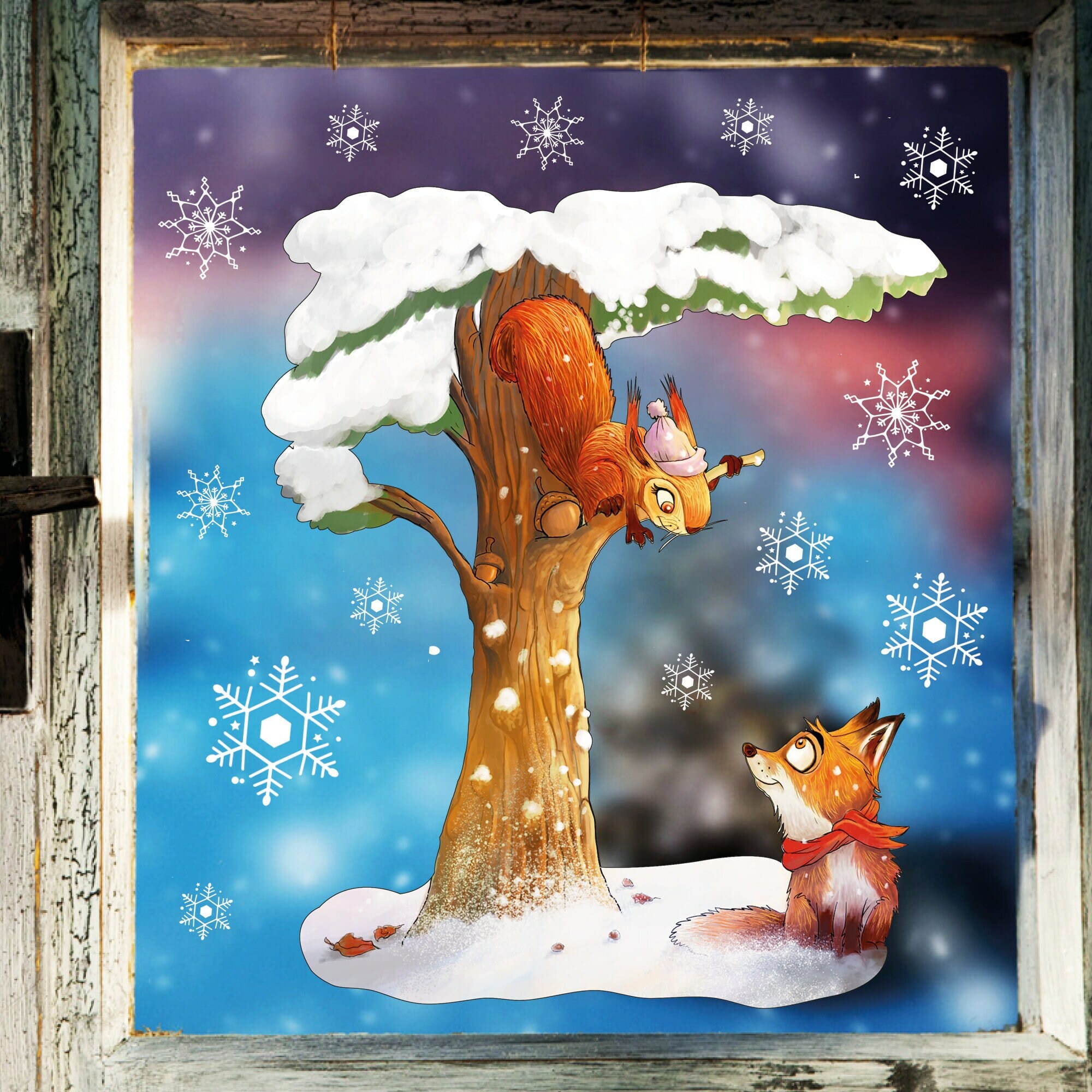Fensterbild Weihnachten Winter Eichhörnchen Fuchs Baum Schneeflocken Fensterdeko wiederverwendbar