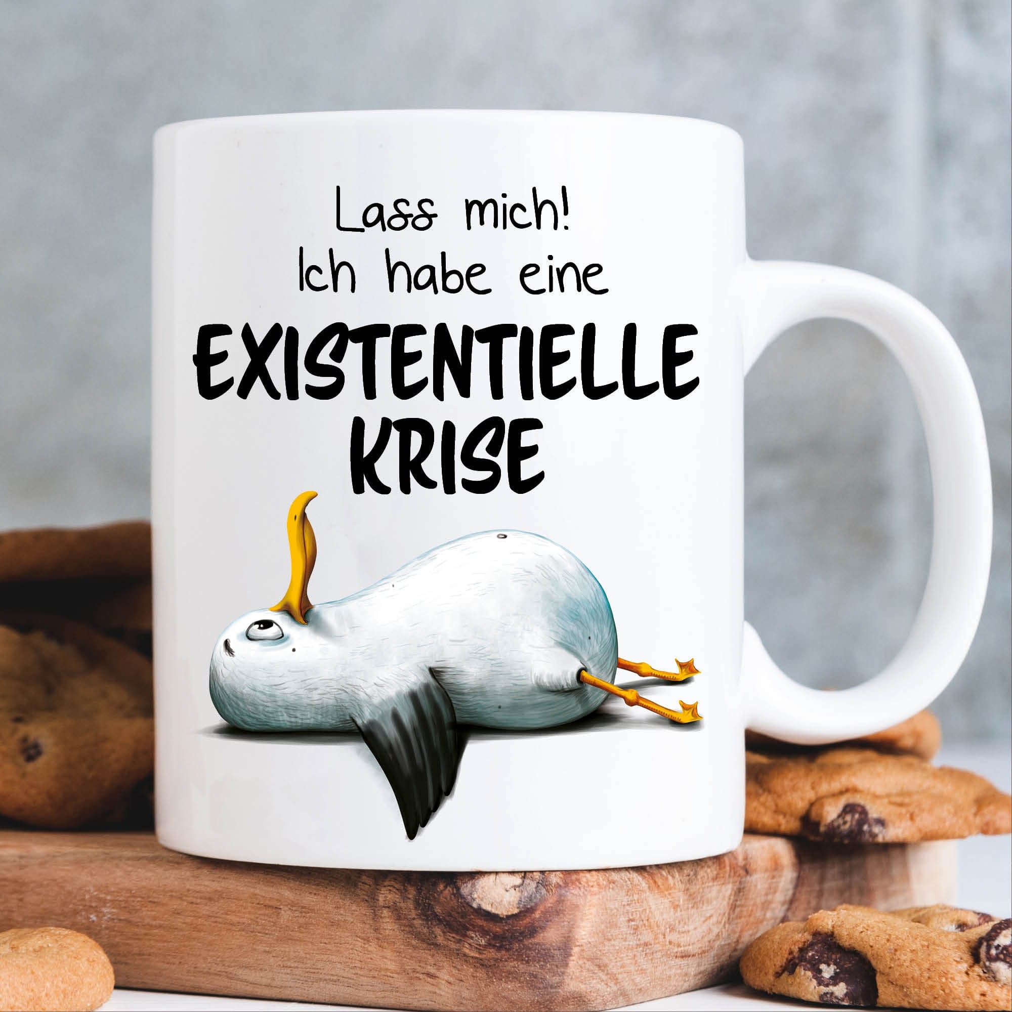 Tasse bedruckt Möwe Lass mich. Ich habe eine existenzielle Krise Becher lustiger Spruch maritim
