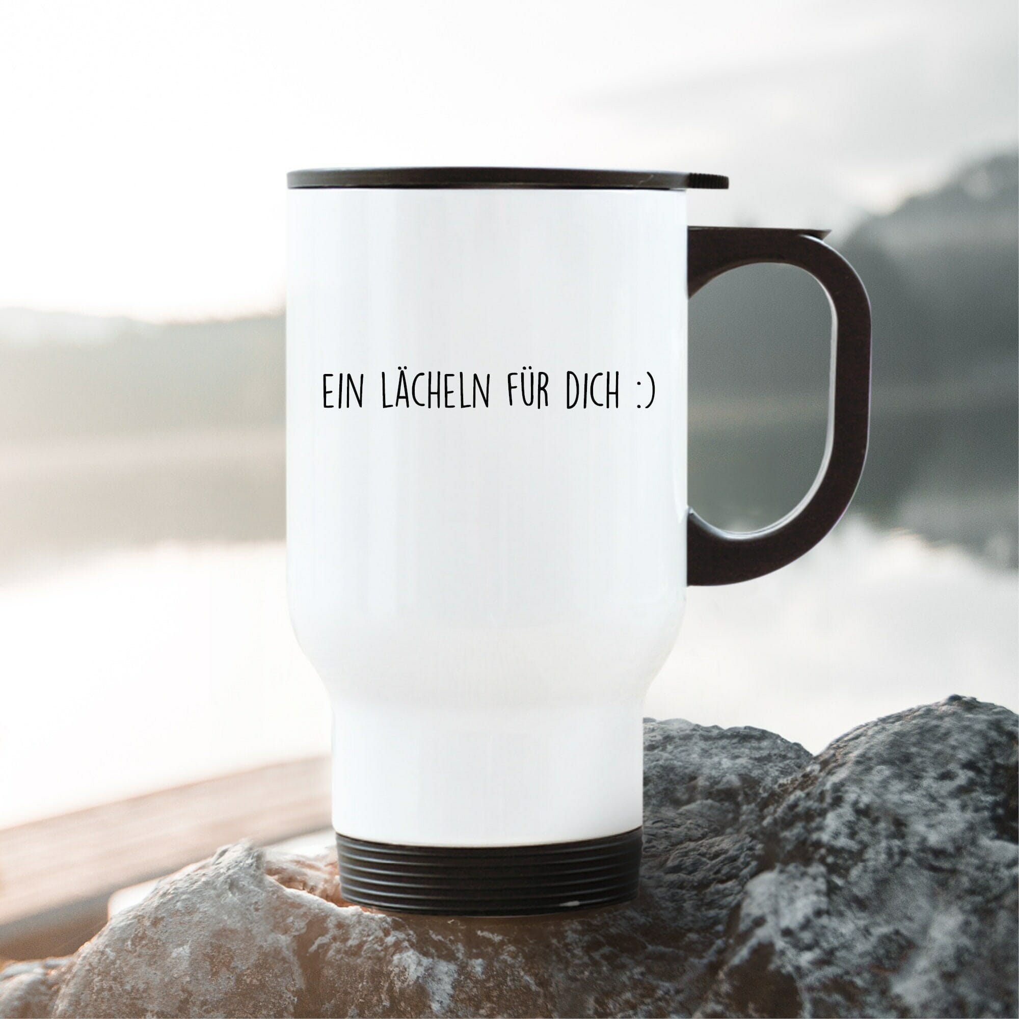 Edelstahl Thermobecher To Go bedruckt mit Spruch Ein Lächeln für dich Kaffeebecher 390 ml mit Griff