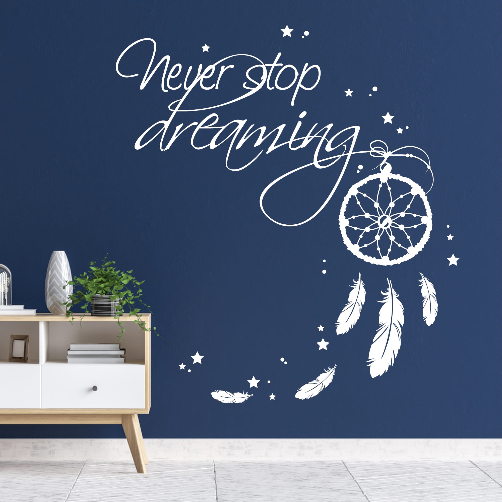 Wandtattoo Never Stop Dreaming mit Traumfänger, Sterne und Federn Wandbild Wanddeko