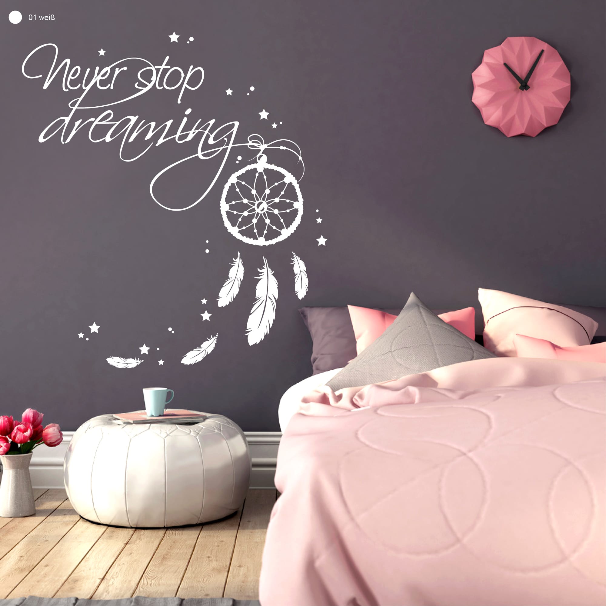 Auf dem Bild ist das Produkt: Wandtattoo Never Stop Dreaming mit Traumfänger, Sterne und Federn Wandbild Wanddeko zum Preis von €19.9 abgebildet.