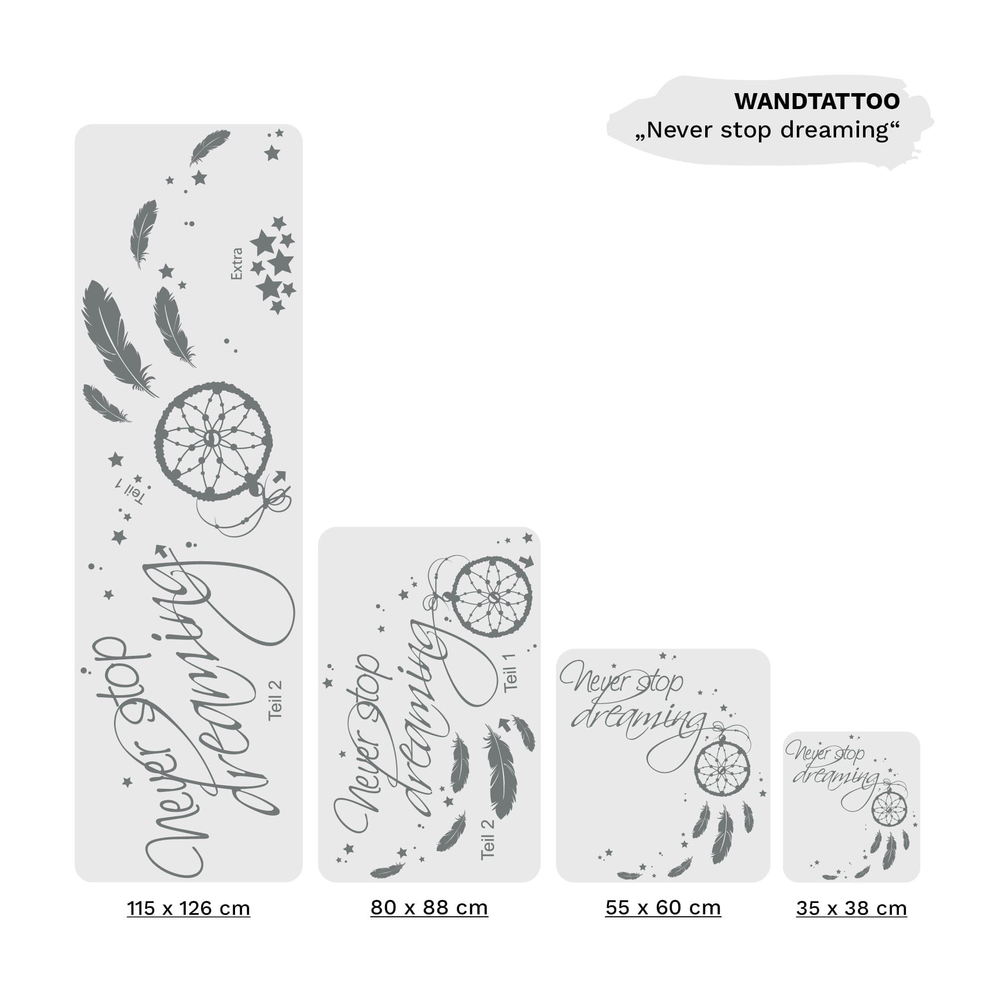 Auf dem Bild ist das Produkt: Wandtattoo Never Stop Dreaming mit Traumfänger, Sterne und Federn Wandbild Wanddeko zum Preis von €19.9 abgebildet.