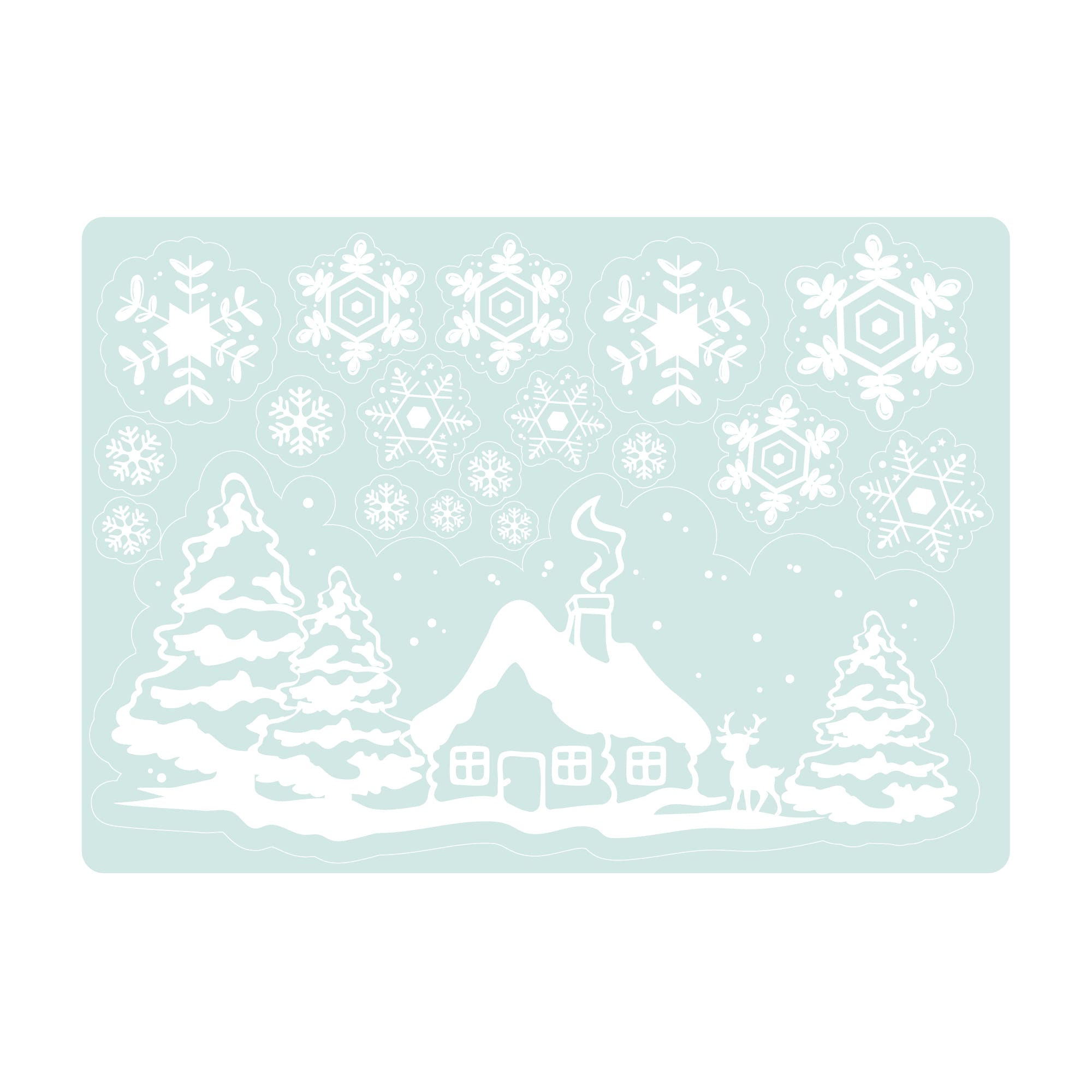 Auf dem Bild ist das Produkt: Fensterbild Weihnachten Winter Häuschen mit Reh Schneeflocken WIEDERVERWENDBAR Fensterfolie Kinderzimmer zum Preis von €17.90 abgebildet.