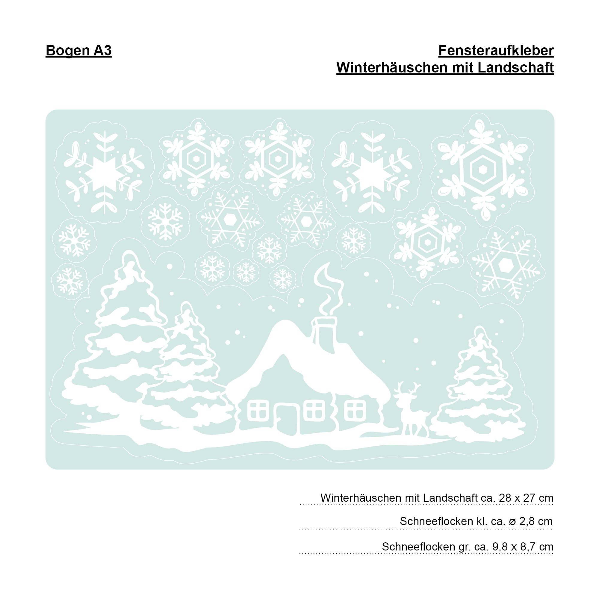 Auf dem Bild ist das Produkt: Fensterbild Weihnachten Winter Häuschen mit Reh Schneeflocken WIEDERVERWENDBAR Fensterfolie Kinderzimmer zum Preis von €17.90 abgebildet.