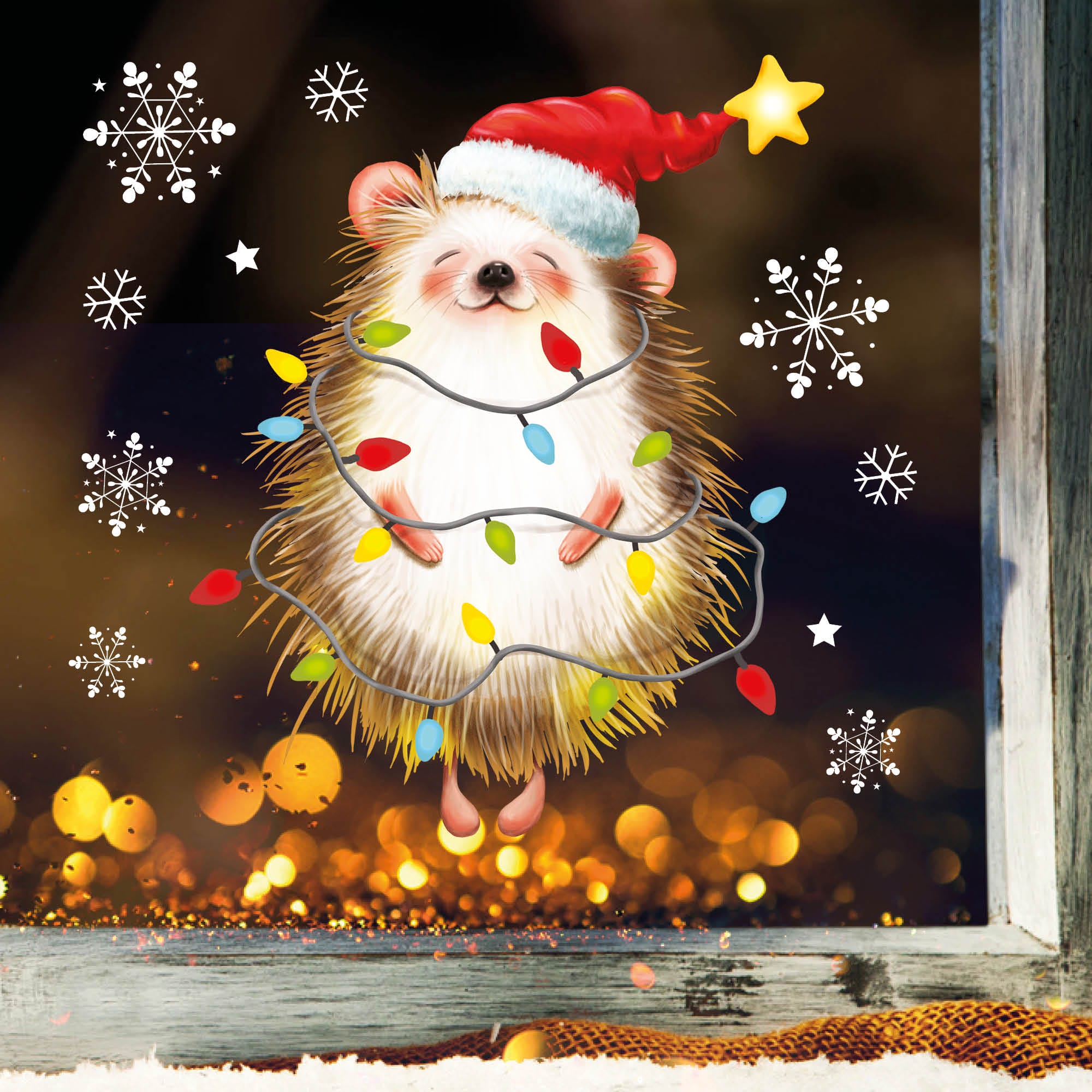 Auf dem Bild ist das Produkt: Fensterbild Weihnachten Winter Igel Lichterkette Schneeflocken Fensteraufkleber wiederverwendbar zum Preis von €13.90 abgebildet.