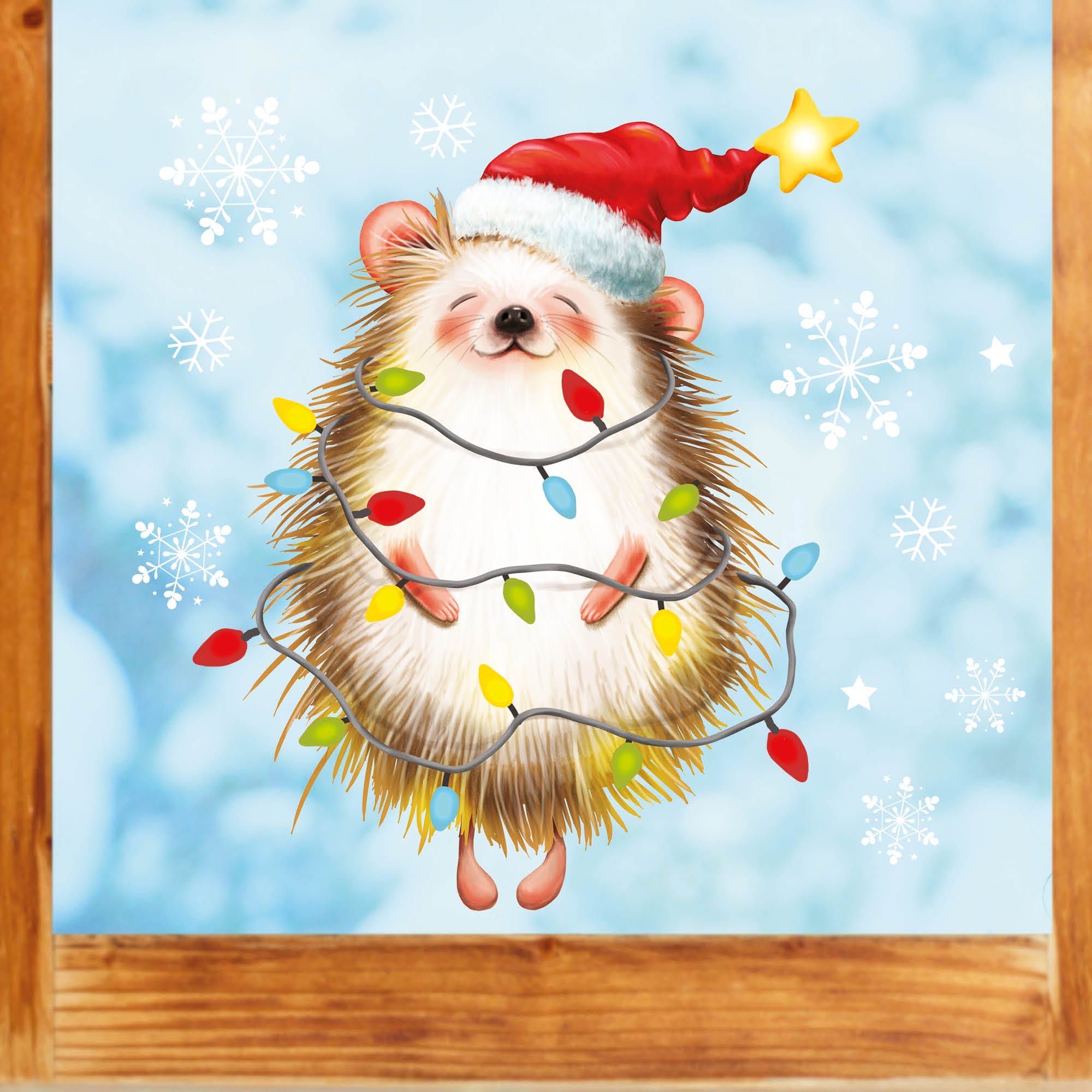 Auf dem Bild ist das Produkt: Fensterbild Weihnachten Winter Igel Lichterkette Schneeflocken Fensteraufkleber wiederverwendbar zum Preis von €13.90 abgebildet.