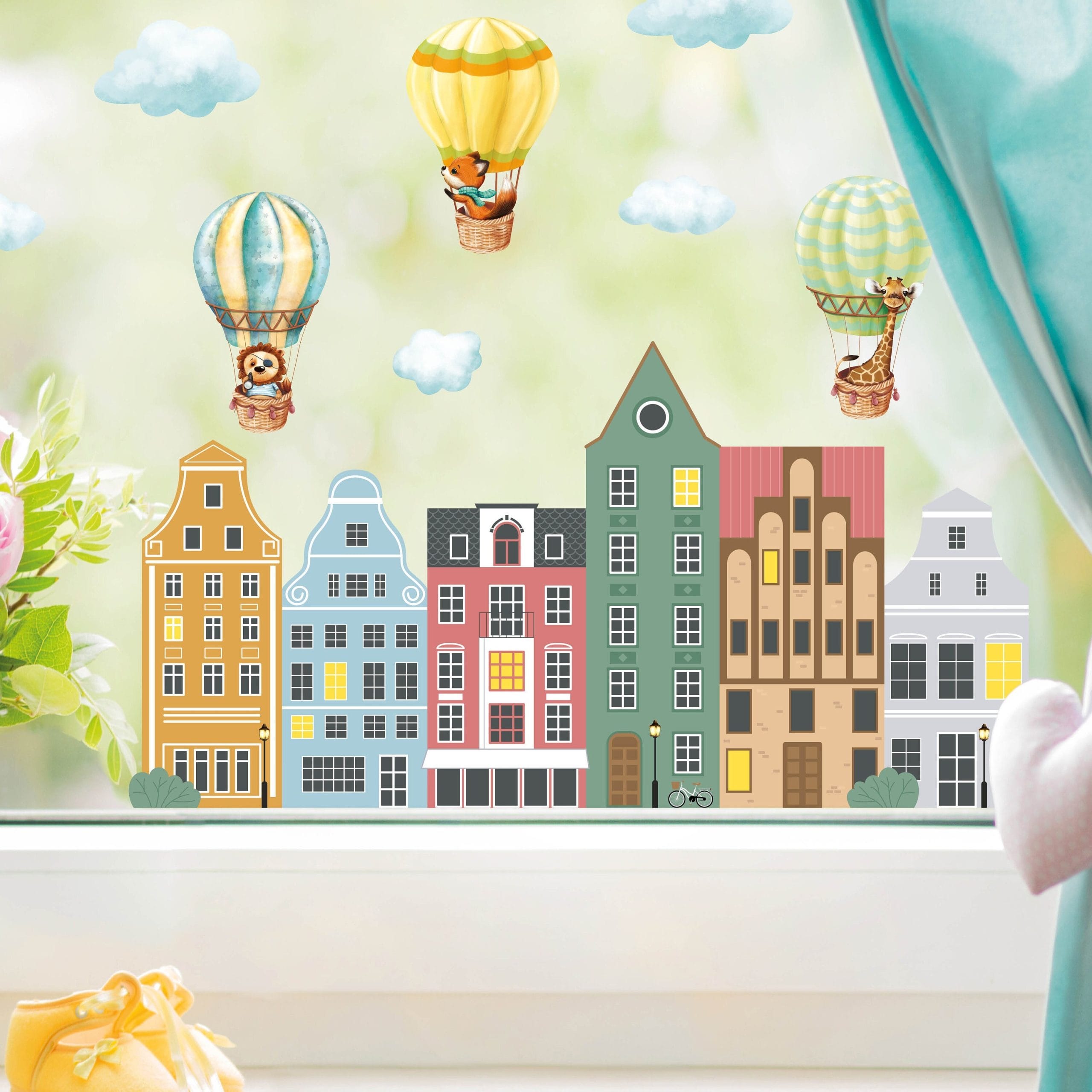 Fensterbild Häuserreihe Hansehäuser mit Heißluftballons Fensterdeko Kinderzimmer Kind