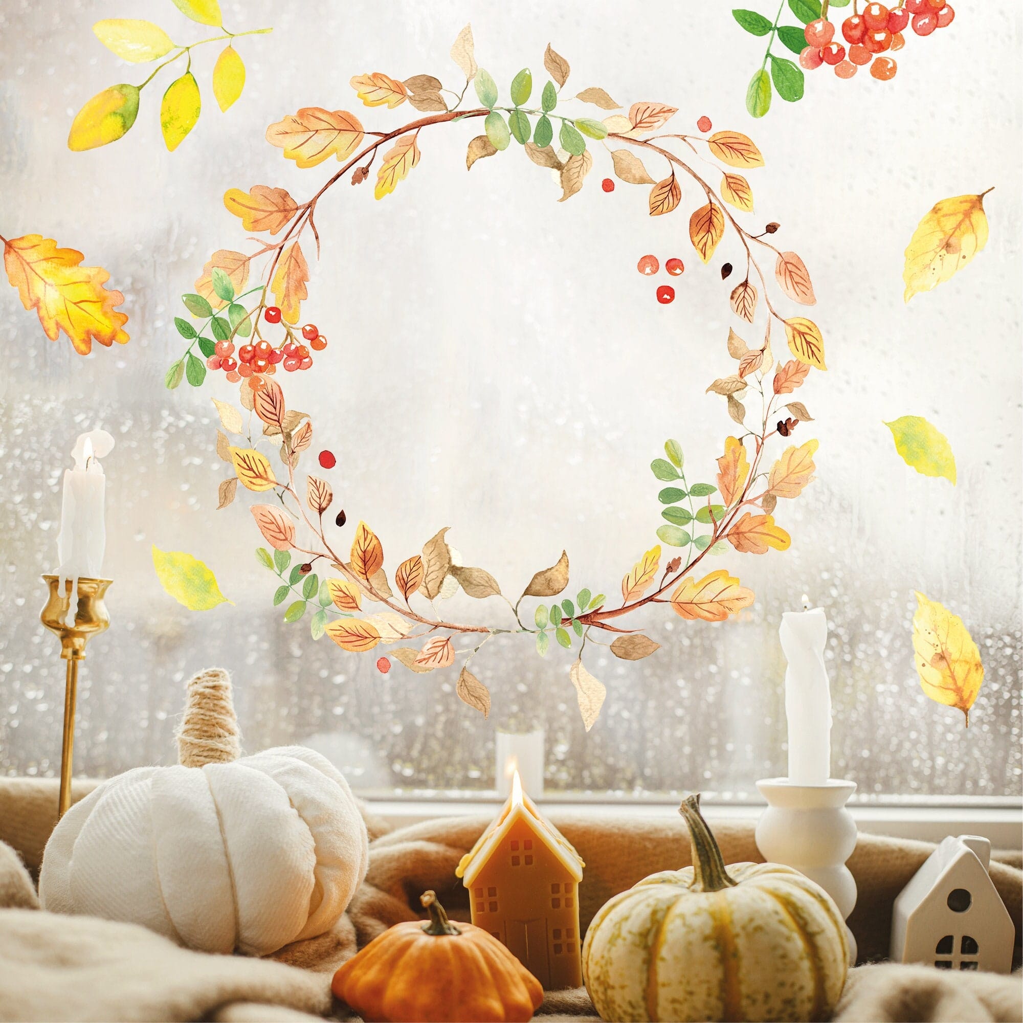 Fensterbild Herbst Blätterkranz Blätter Herbstlicher Fensteraufkleber Fensterdeko wiederverwendbare Fensteraufkleber Kinderzimmer Kind