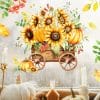 Auf dem Bild ist das Produkt: Fensterbild Holzwagen Sonnenblumen Herbst Kürbis wiederverwendbare Fensteraufkleber zum Preis von €13.90 abgebildet.