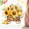 Auf dem Bild ist das Produkt: Fensterbild Holzwagen Sonnenblumen Herbst Kürbis wiederverwendbare Fensteraufkleber zum Preis von €13.90 abgebildet.