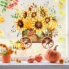 Auf dem Bild ist das Produkt: Fensterbild Holzwagen Sonnenblumen Herbst Kürbis wiederverwendbare Fensteraufkleber zum Preis von €13.90 abgebildet.