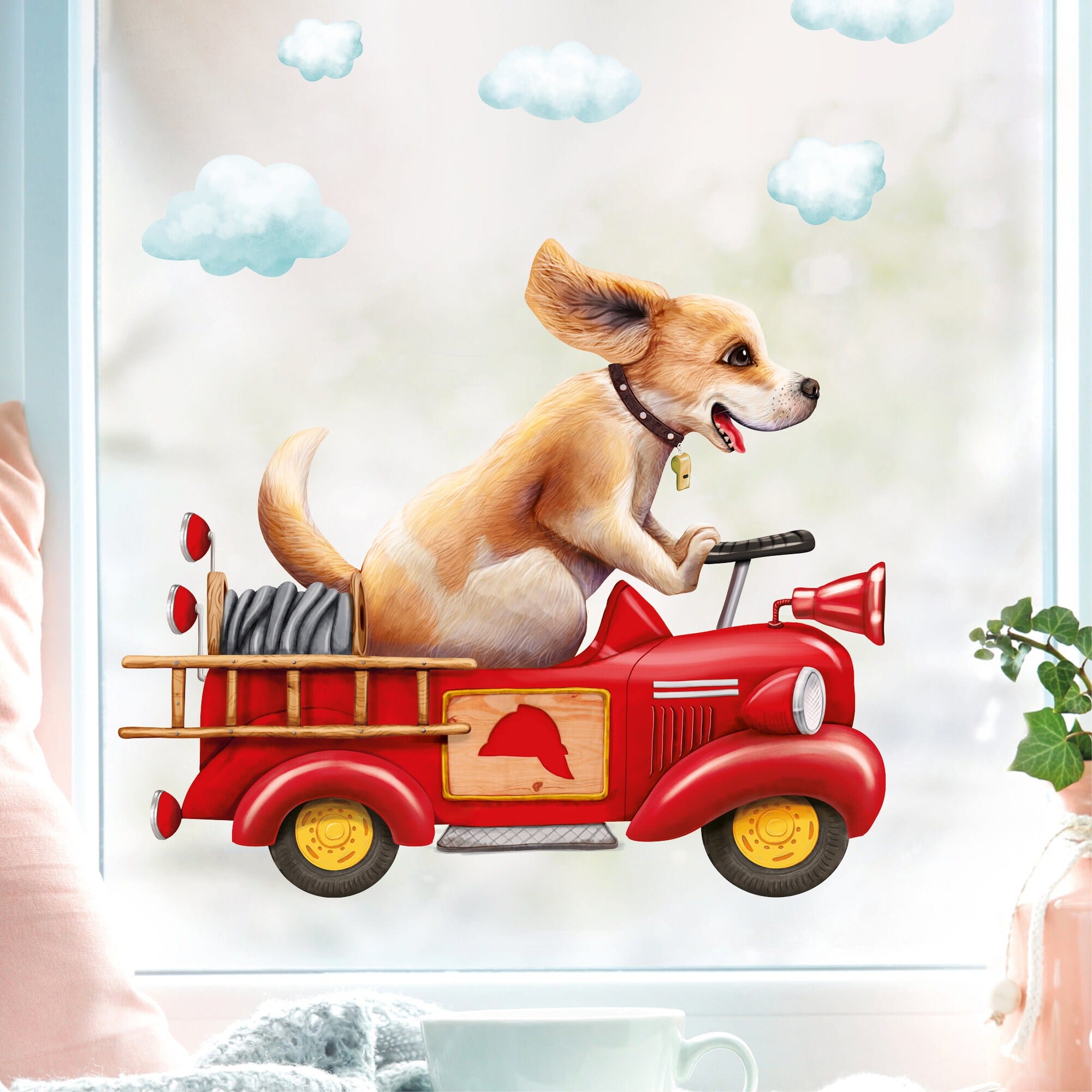 Fensterbild Hund im retro Feuerwehrauto mit Wolken, Fensterdeko Kinderzimmer Kind