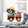 Auf dem Bild ist das Produkt: Fensterbild Hund mit Helm im Feuerwehrauto mit Wolken, Fensterdeko Kinderzimmer Kind zum Preis von €13.90 abgebildet.