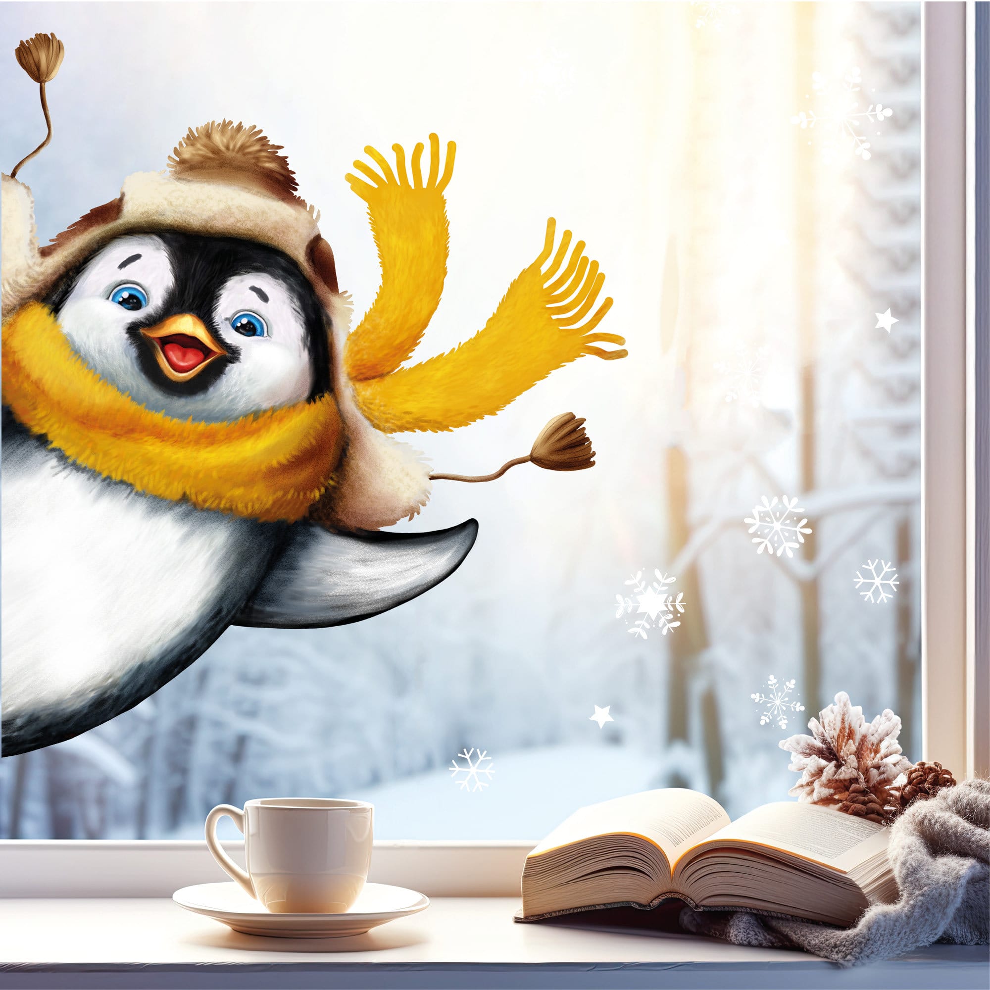 Fensterbild Pinguin hineinschauend Winter Fenster mit Schneeflocken Adventsdeko wiederverwendbar
