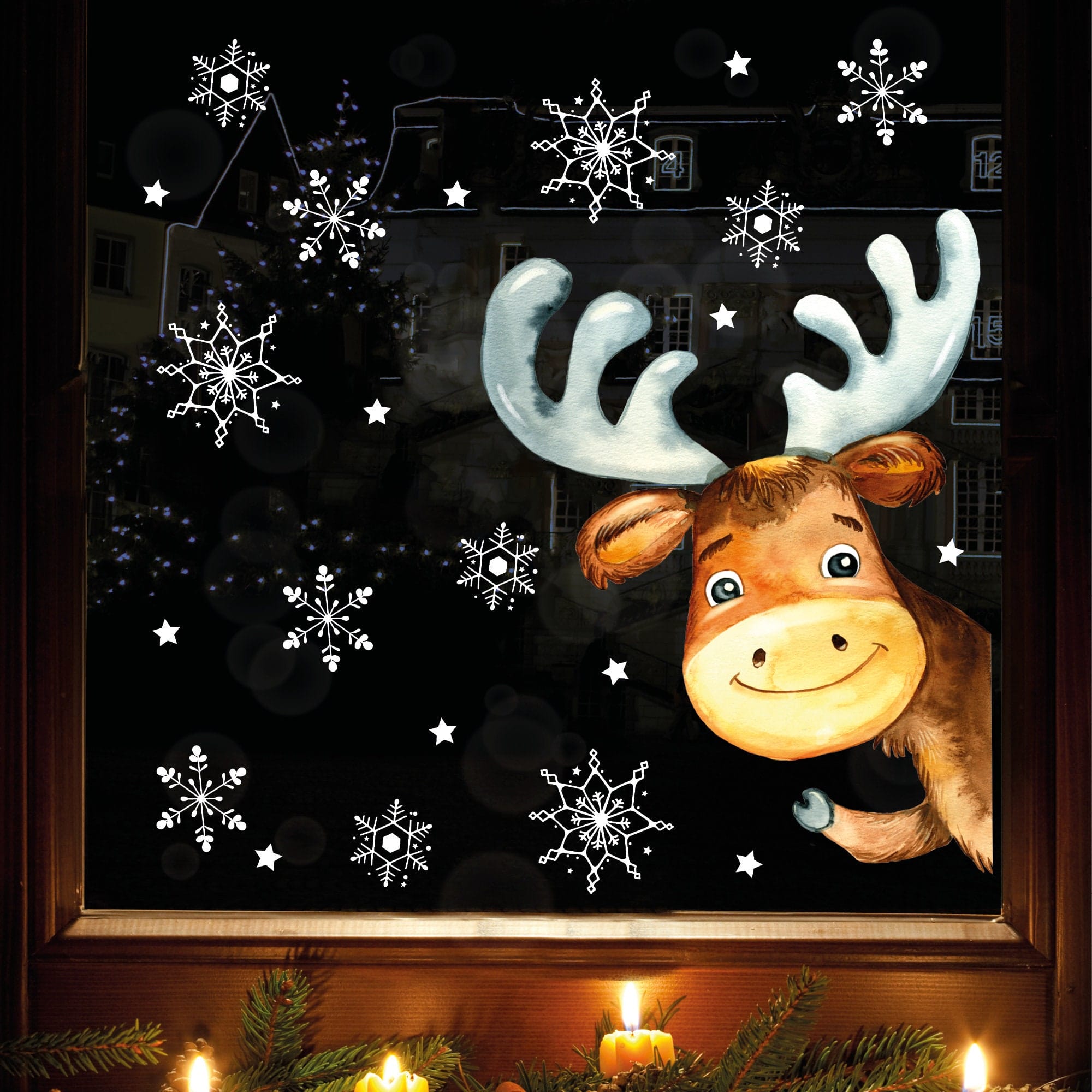 Fensterbild Weihnachten Winter Elch mit Schneeflocken wiederverwendbar winterliche Fensterdeko Rentier selbstklebend, Weihnachtsdeko