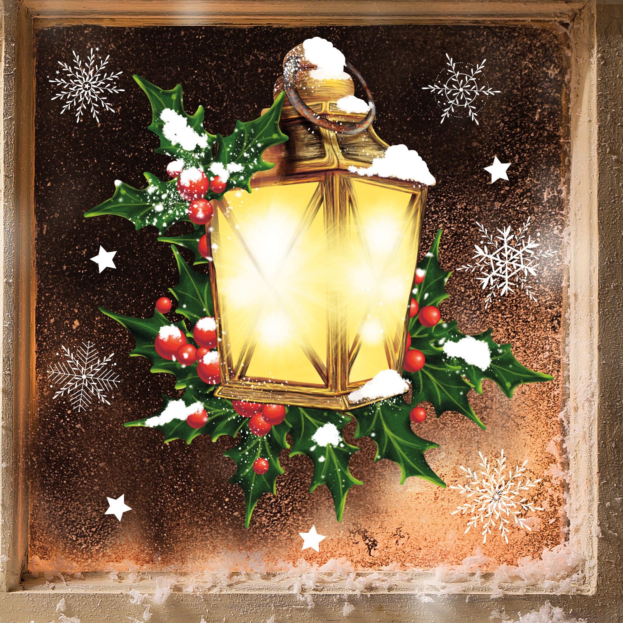 Fensterbild Weihnachten Winter Laterne Tannenzweige Schneeflocken Fensteraufkleber