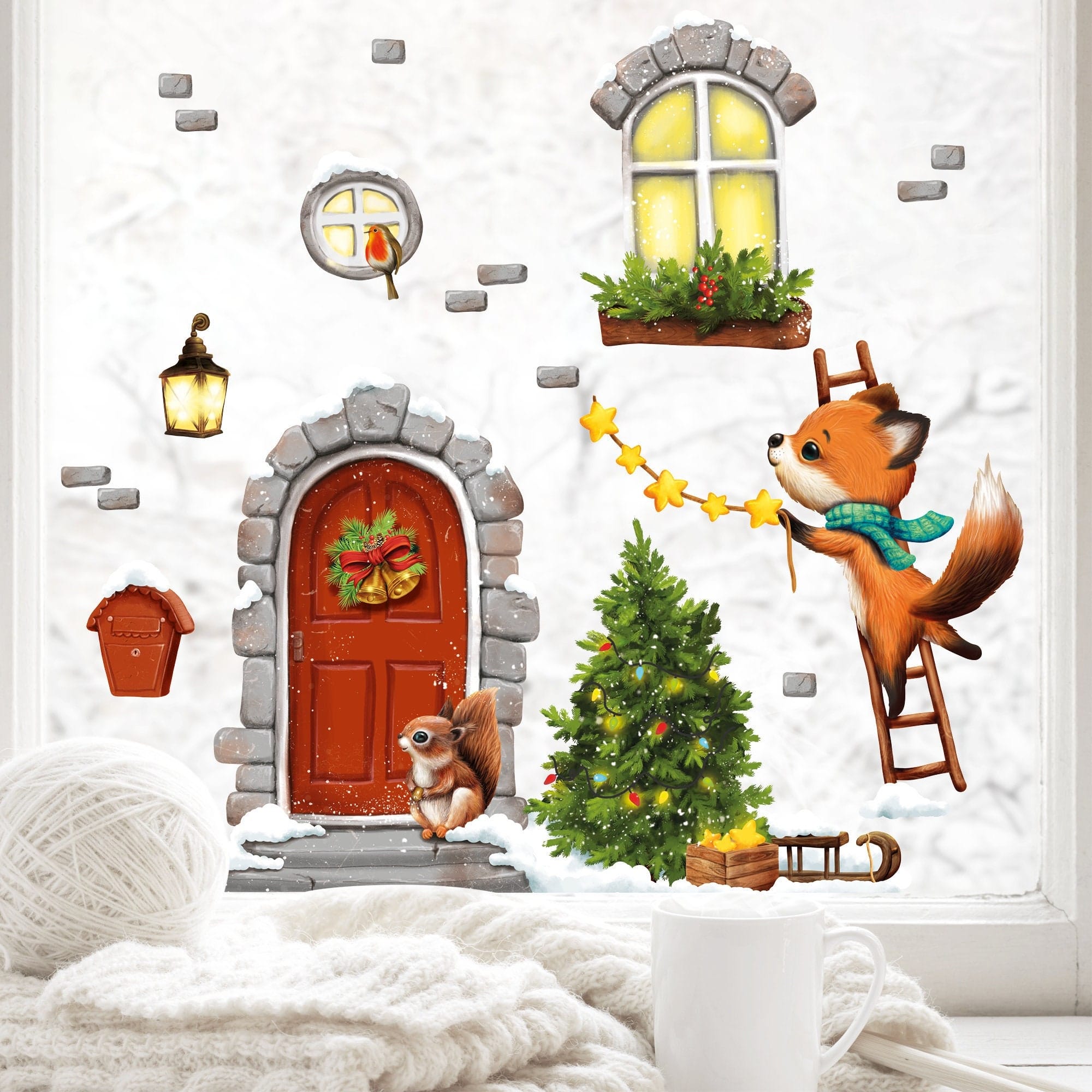 Fensterbild Weihnachten Winter Weihnachtstür Fuchs Leiter Weihnachtsdeko wiederverwendbar Schneeflocken Kinderzimmer Fenster