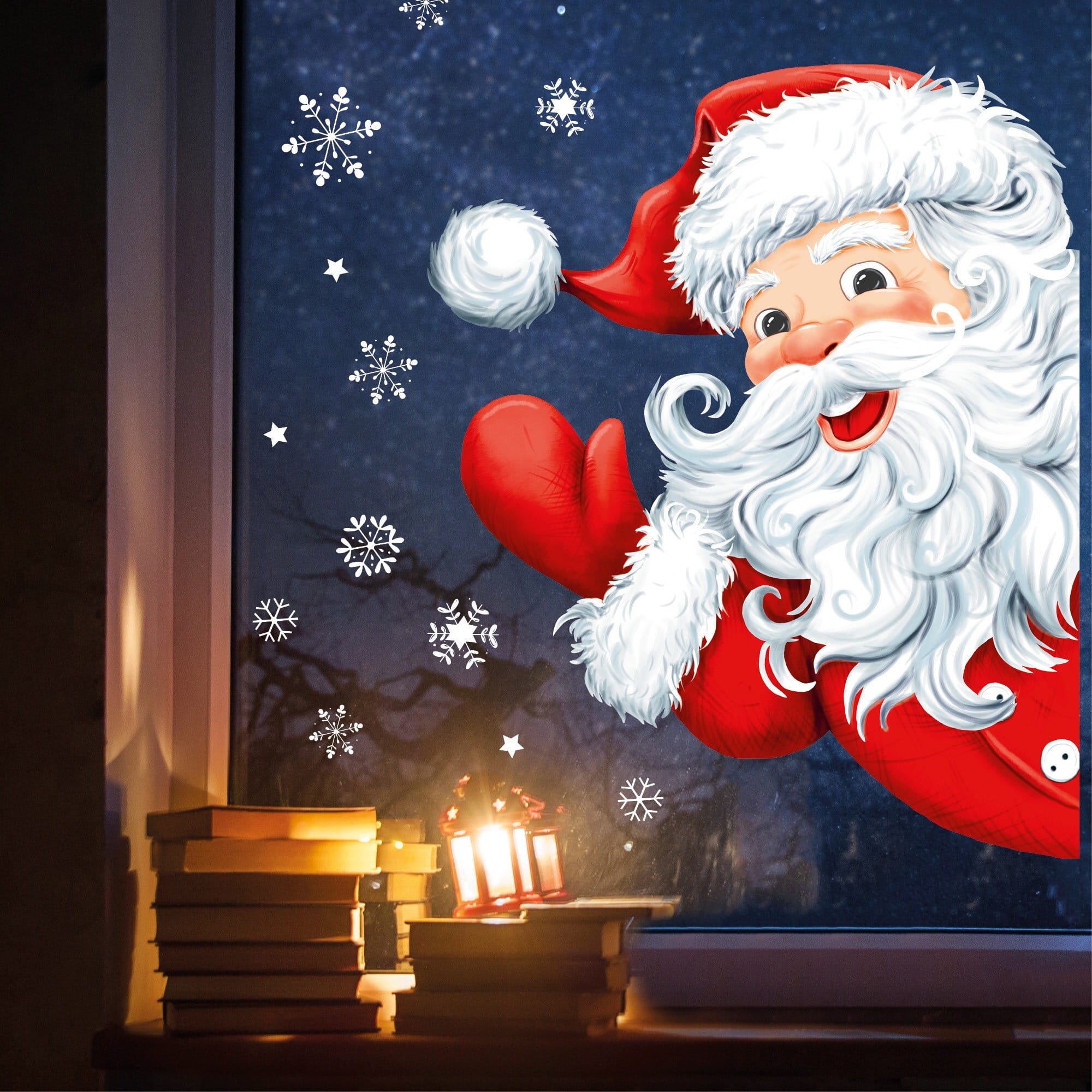 Fensterbild Weihnachtsmann hineinschauend wiederverwendbar Winter Fenster mit Schneeflocken Adventsdeko