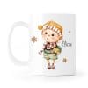 Auf dem Bild ist das Produkt: Tasse Winter bedruckt Elf mit einem Geschenk, Schneeflocken und dem Wunschnamen, personalisiertes Geschenk Geburtstag Kaffeetasse zum Preis von €18.9 abgebildet.