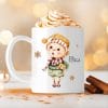 Auf dem Bild ist das Produkt: Tasse Winter bedruckt Elf mit einem Geschenk, Schneeflocken und dem Wunschnamen, personalisiertes Geschenk Geburtstag Kaffeetasse zum Preis von €18.9 abgebildet.