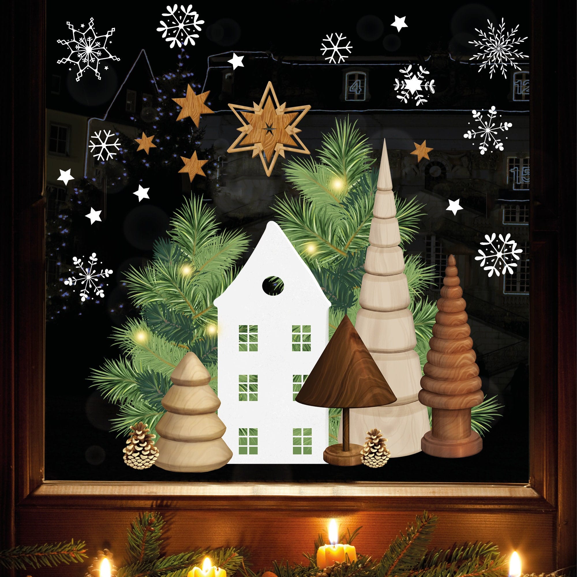 Wiederverwendbares Fensterbild Weihnachten Haus Tannenbäume Holzoptik Sterne Fensterdekoration wiederverwendbar