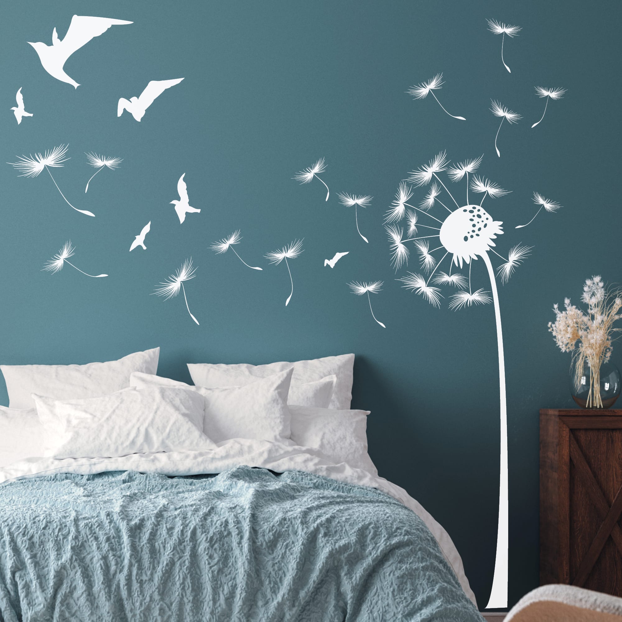 Wandtattoo Pusteblume mit vielen Pollen und Vögeln