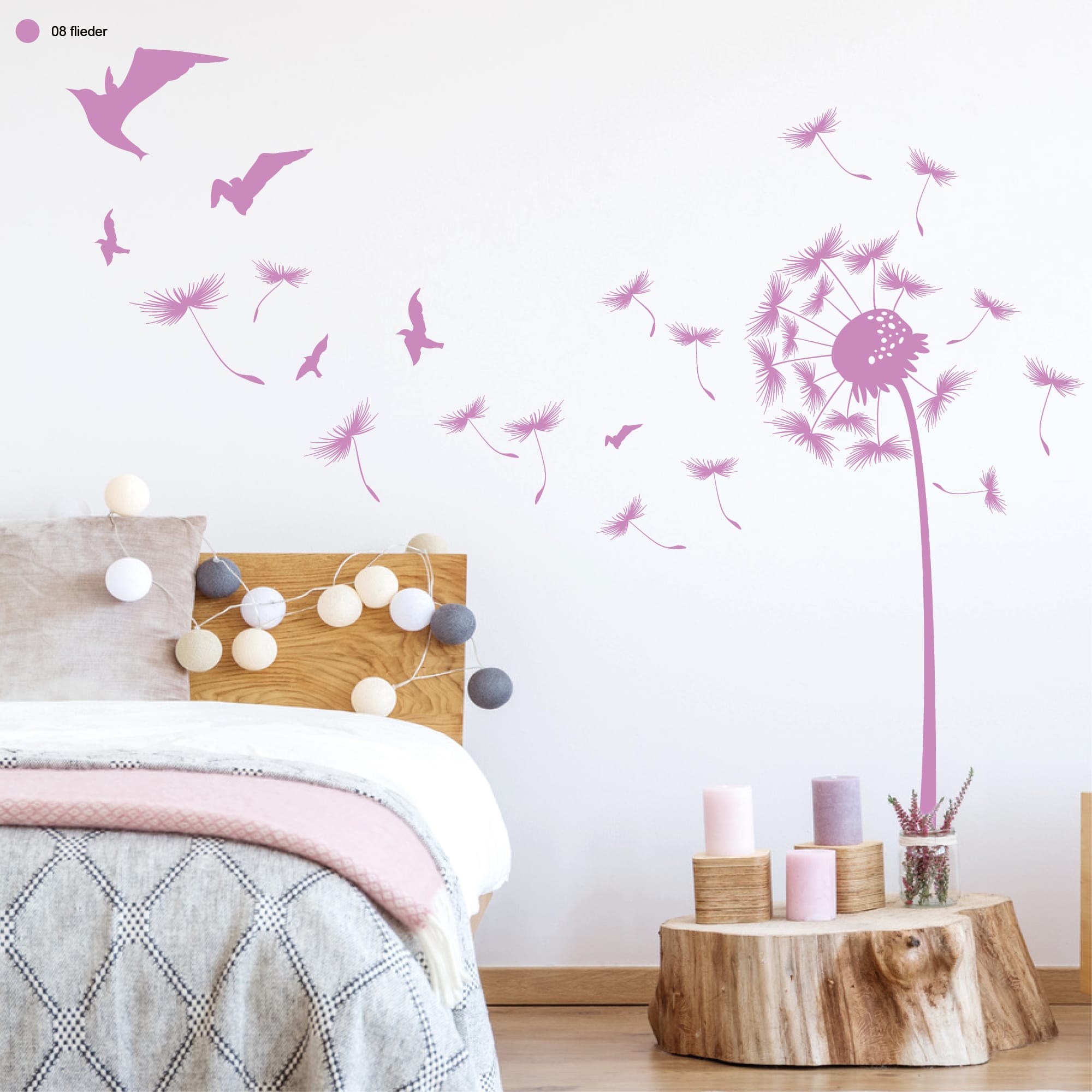 Auf dem Bild ist das Produkt: Wandtattoo Pusteblume mit vielen Pollen und Vögeln zum Preis von €29.9 abgebildet.