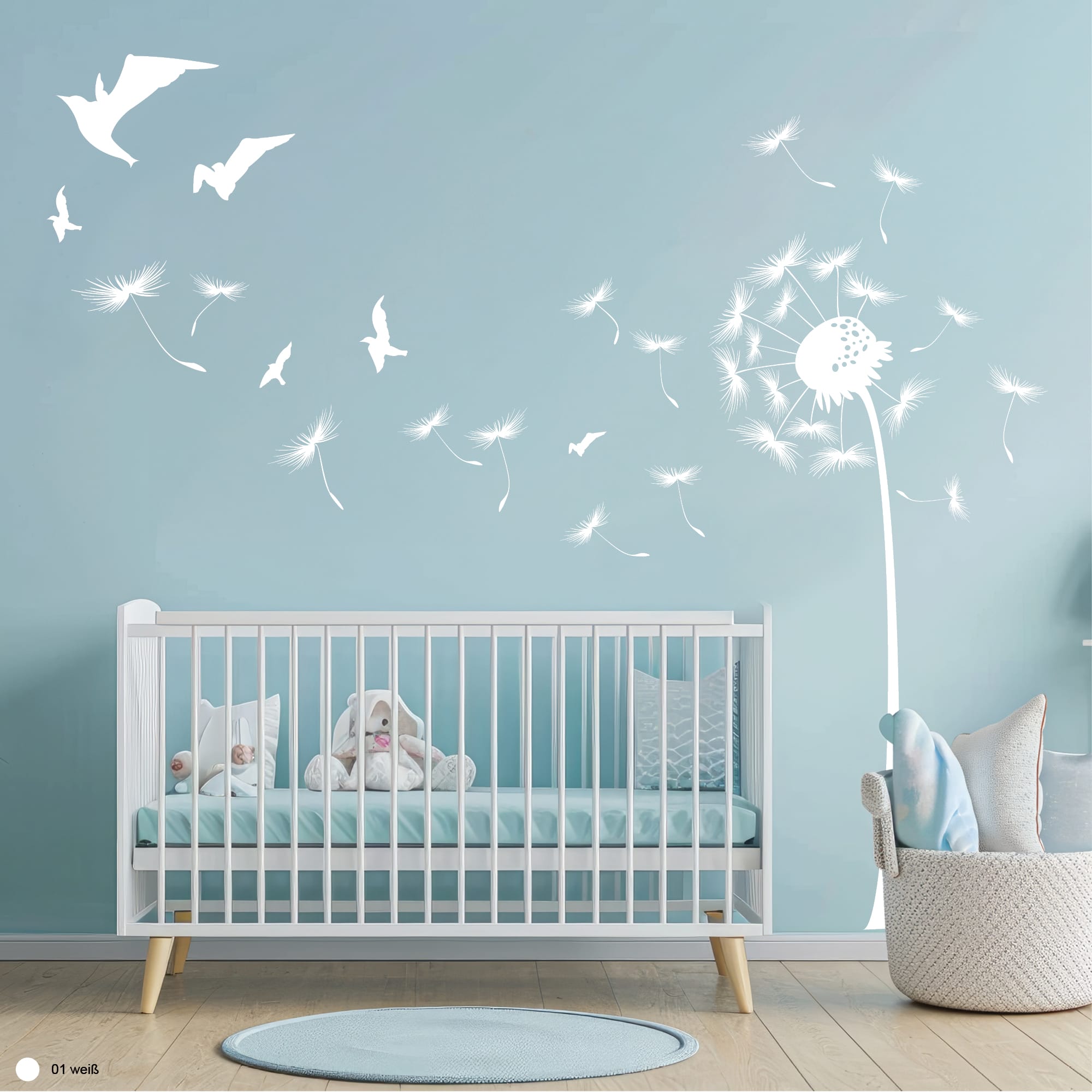 Auf dem Bild ist das Produkt: Wandtattoo Pusteblume mit vielen Pollen und Vögeln zum Preis von €29.9 abgebildet.