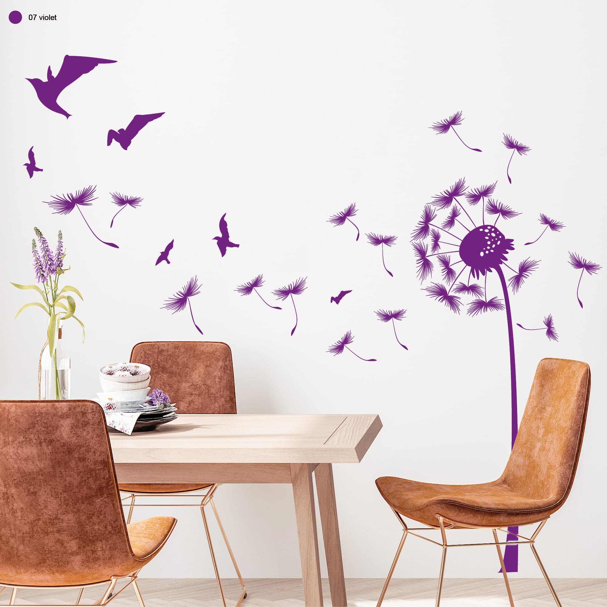 Auf dem Bild ist das Produkt: Wandtattoo Pusteblume mit vielen Pollen und Vögeln zum Preis von €29.9 abgebildet.