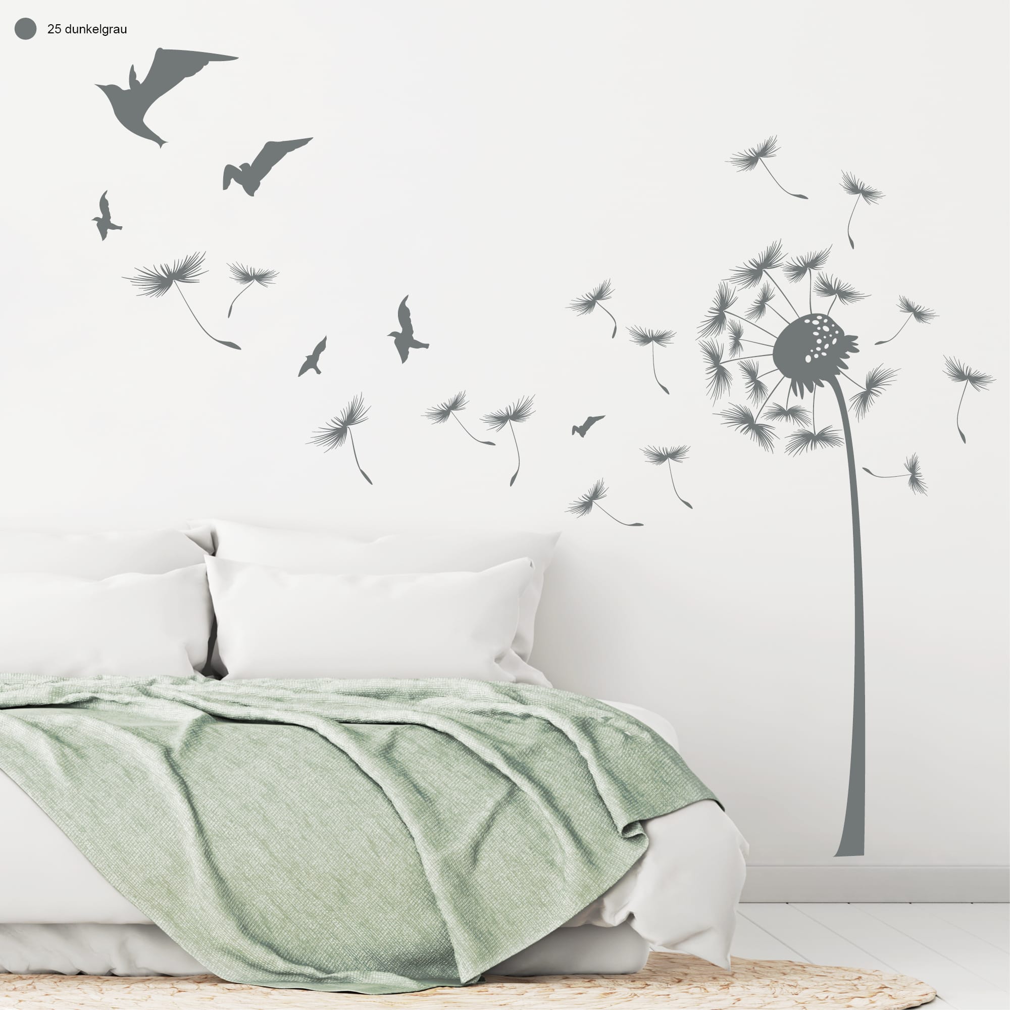 Auf dem Bild ist das Produkt: Wandtattoo Pusteblume mit vielen Pollen und Vögeln zum Preis von €29.9 abgebildet.