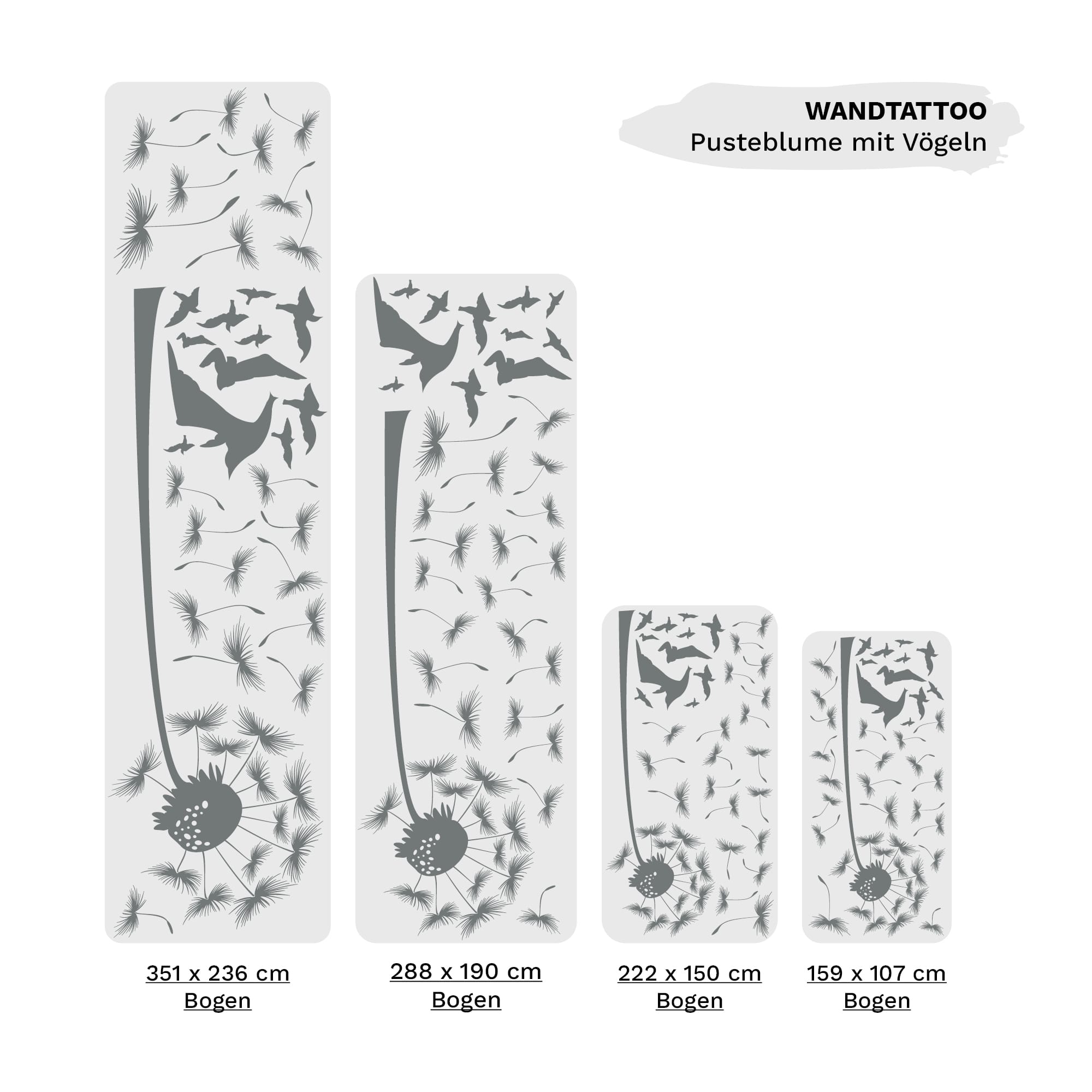 Auf dem Bild ist das Produkt: Wandtattoo Pusteblume mit vielen Pollen und Vögeln zum Preis von €29.9 abgebildet.