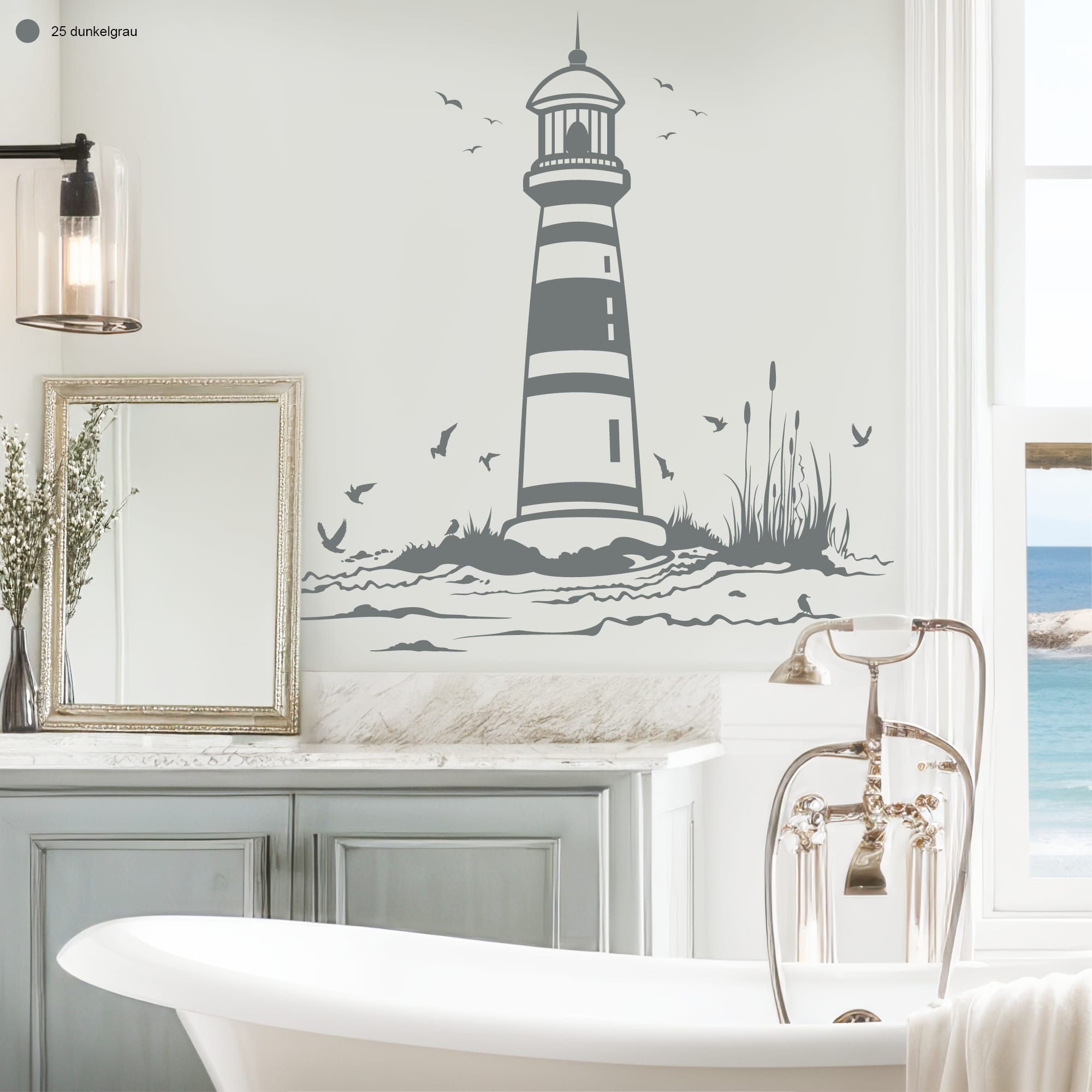 Auf dem Bild ist das Produkt: Wandtattoo Strand mit Leuchtturm und Vögeln maritime Dekoration zum Preis von €23.9 abgebildet.