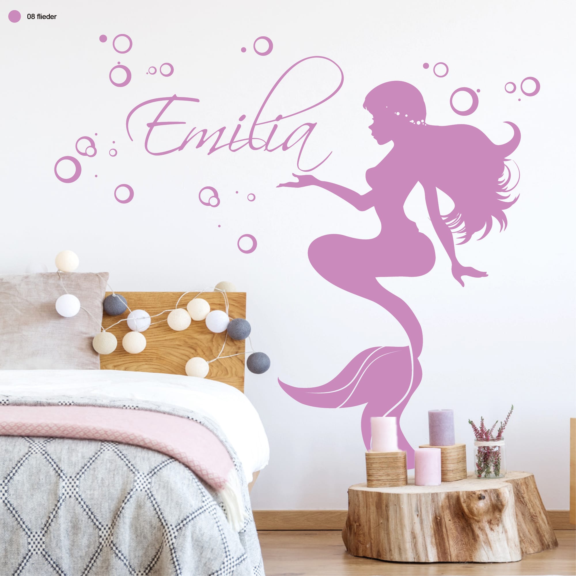 Auf dem Bild ist das Produkt: Wandtattoo Kinderzimmer Mädchen Meerjungfrau mit Wunschnamen zum Preis von €23.90 abgebildet.