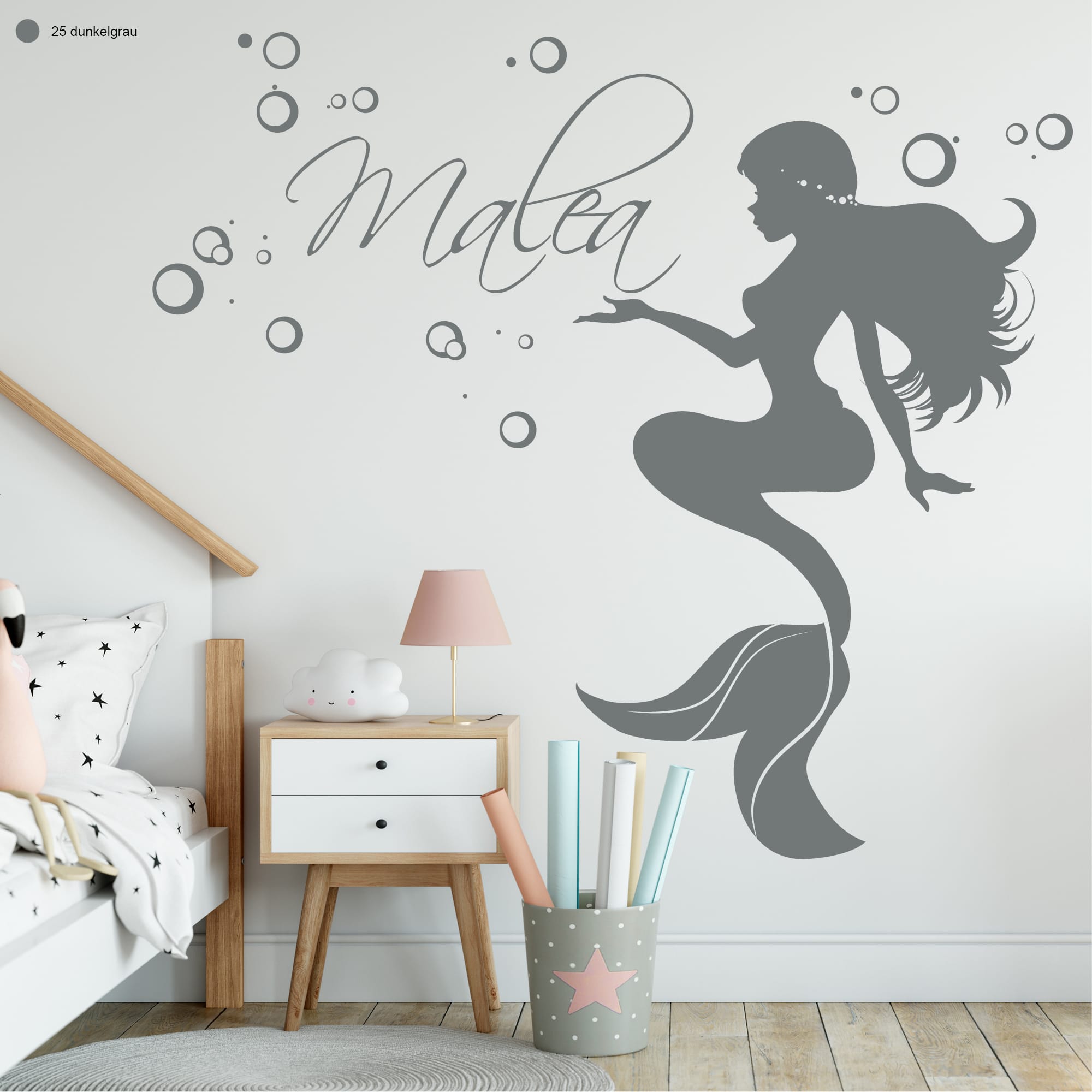 Auf dem Bild ist das Produkt: Wandtattoo Kinderzimmer Mädchen Meerjungfrau mit Wunschnamen zum Preis von €23.90 abgebildet.