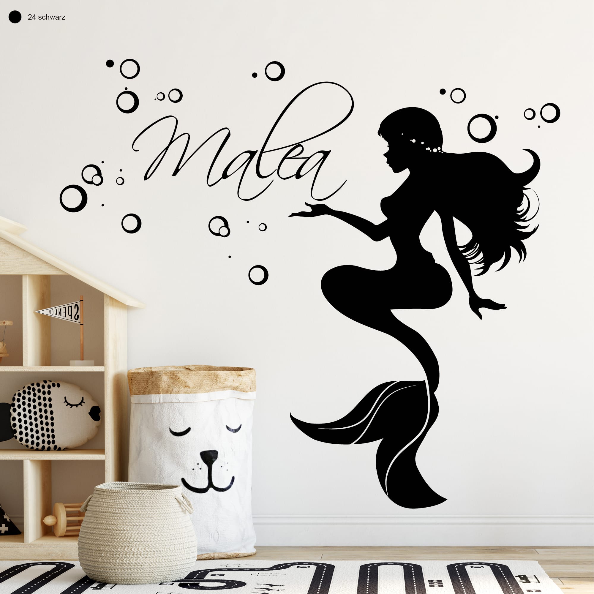 Auf dem Bild ist das Produkt: Wandtattoo Kinderzimmer Mädchen Meerjungfrau mit Wunschnamen zum Preis von €23.90 abgebildet.