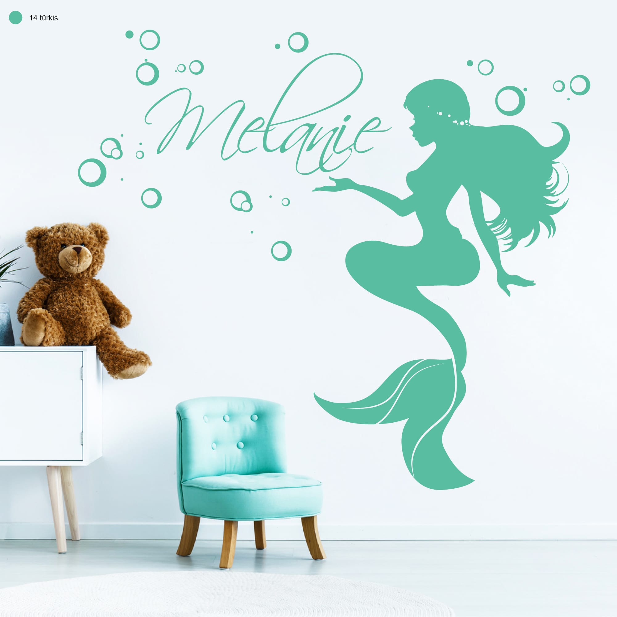 Auf dem Bild ist das Produkt: Wandtattoo Kinderzimmer Mädchen Meerjungfrau mit Wunschnamen zum Preis von €23.90 abgebildet.