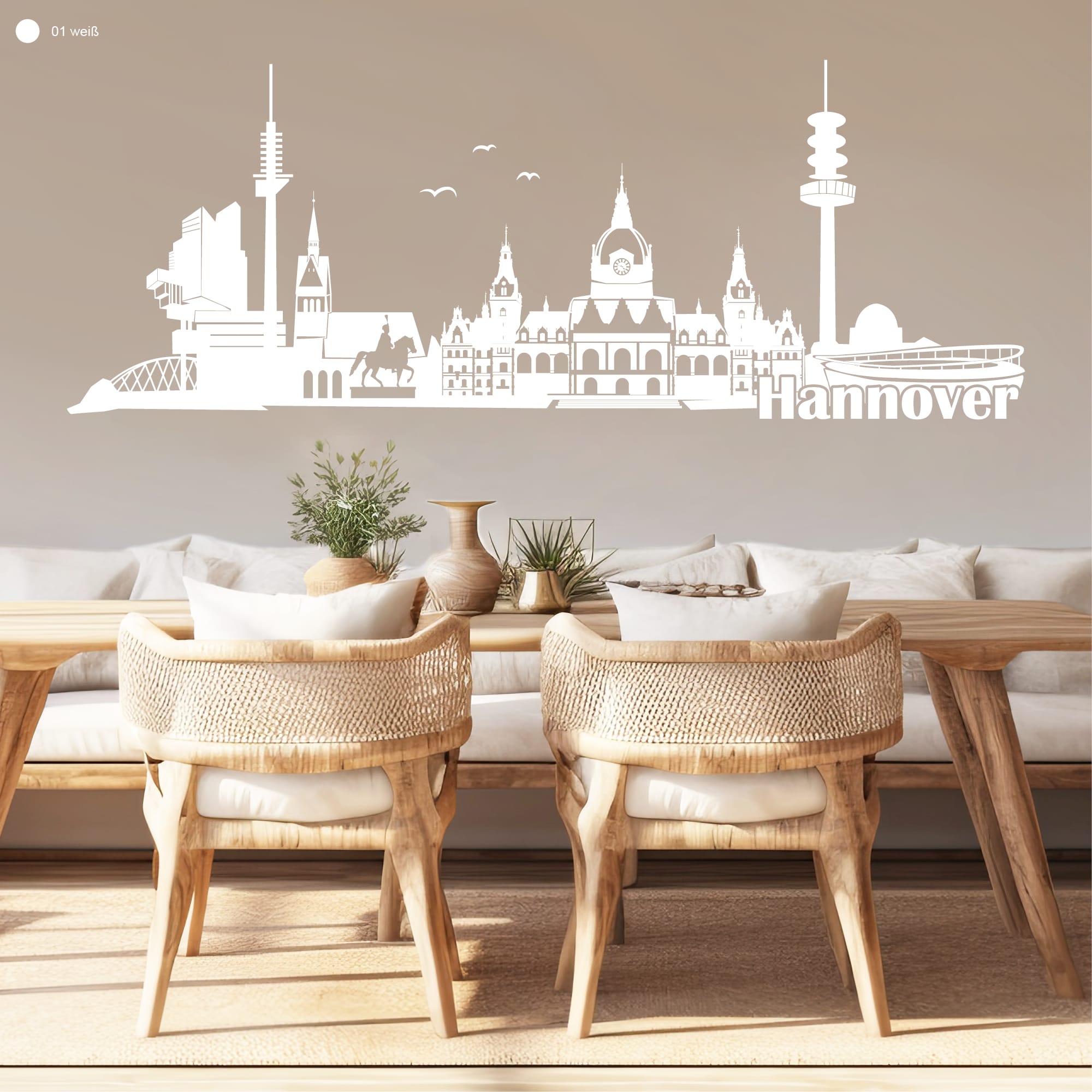 Auf dem Bild ist das Produkt: Wandtattoo Wandbild Hannover Skyline Niedersachsen, Heimat zum Preis von €27.9 abgebildet.