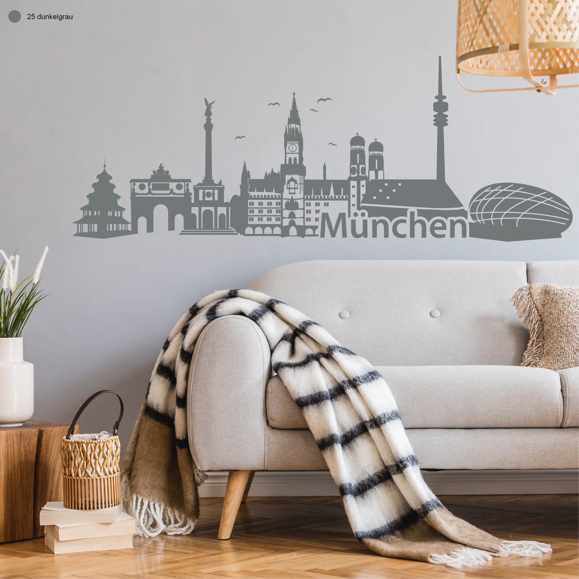 Auf dem Bild ist das Produkt: Wandtattoo Skyline München Wandaufkleber Bayern Silhouette Wandsticker zum Preis von €29.9 abgebildet.