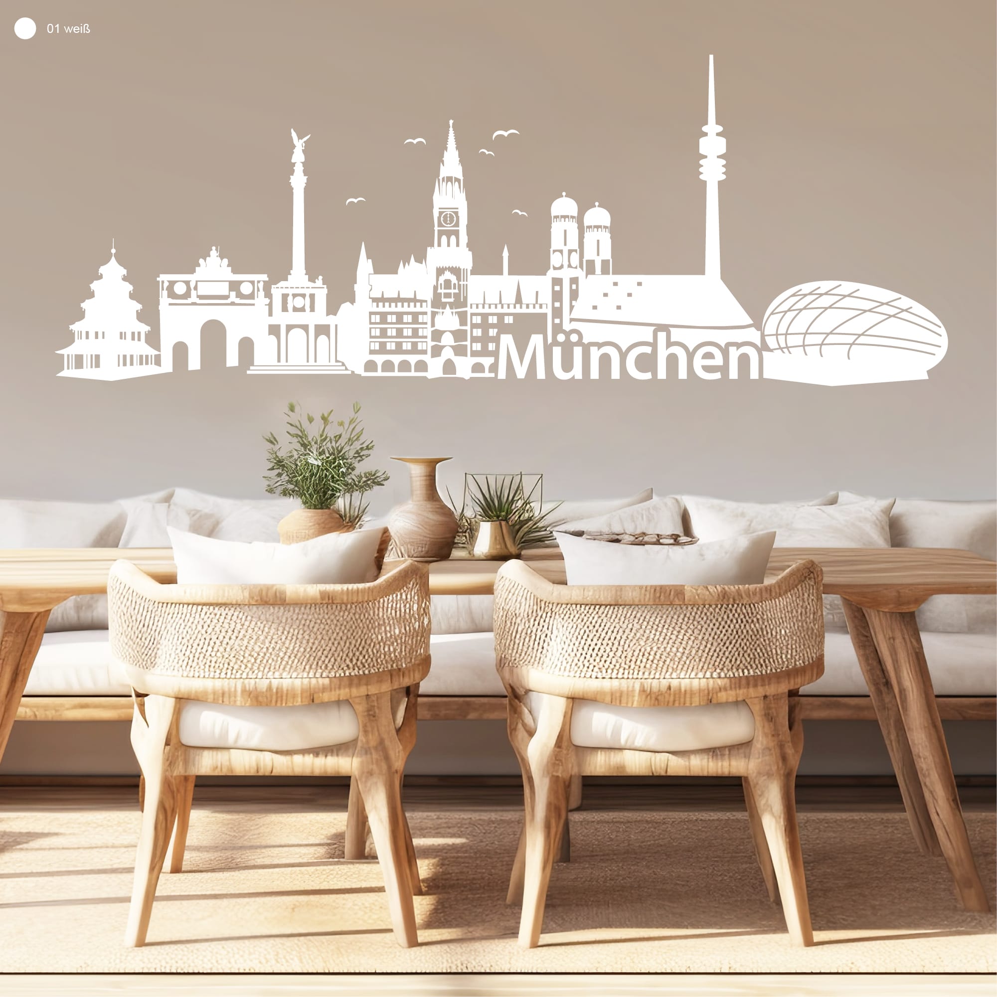 Auf dem Bild ist das Produkt: Wandtattoo Skyline München Wandaufkleber Bayern Silhouette Wandsticker zum Preis von €29.9 abgebildet.