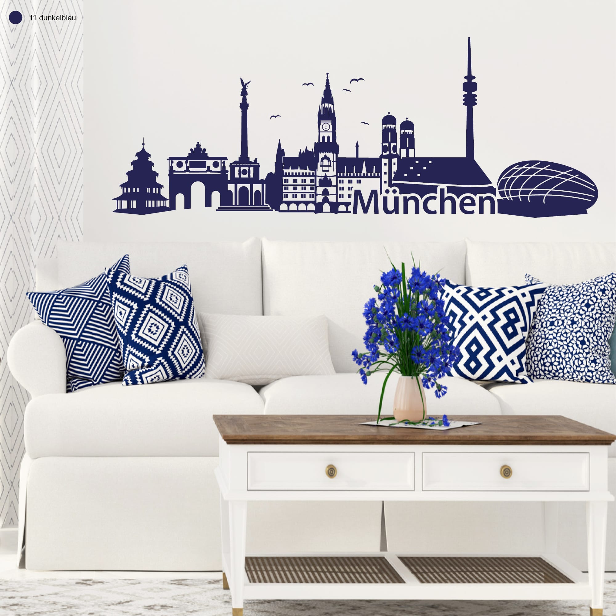 Auf dem Bild ist das Produkt: Wandtattoo Skyline München Wandaufkleber Bayern Silhouette Wandsticker zum Preis von €29.9 abgebildet.