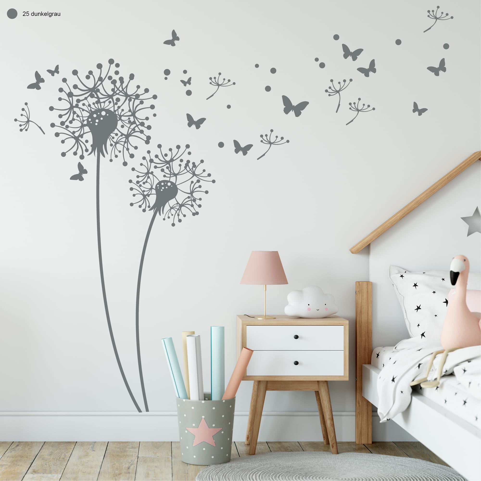 Auf dem Bild ist das Produkt: Wandtattoo Pusteblumen mit Pollen und Schmetterlinge Dekoration zum Preis von €29.9 abgebildet.