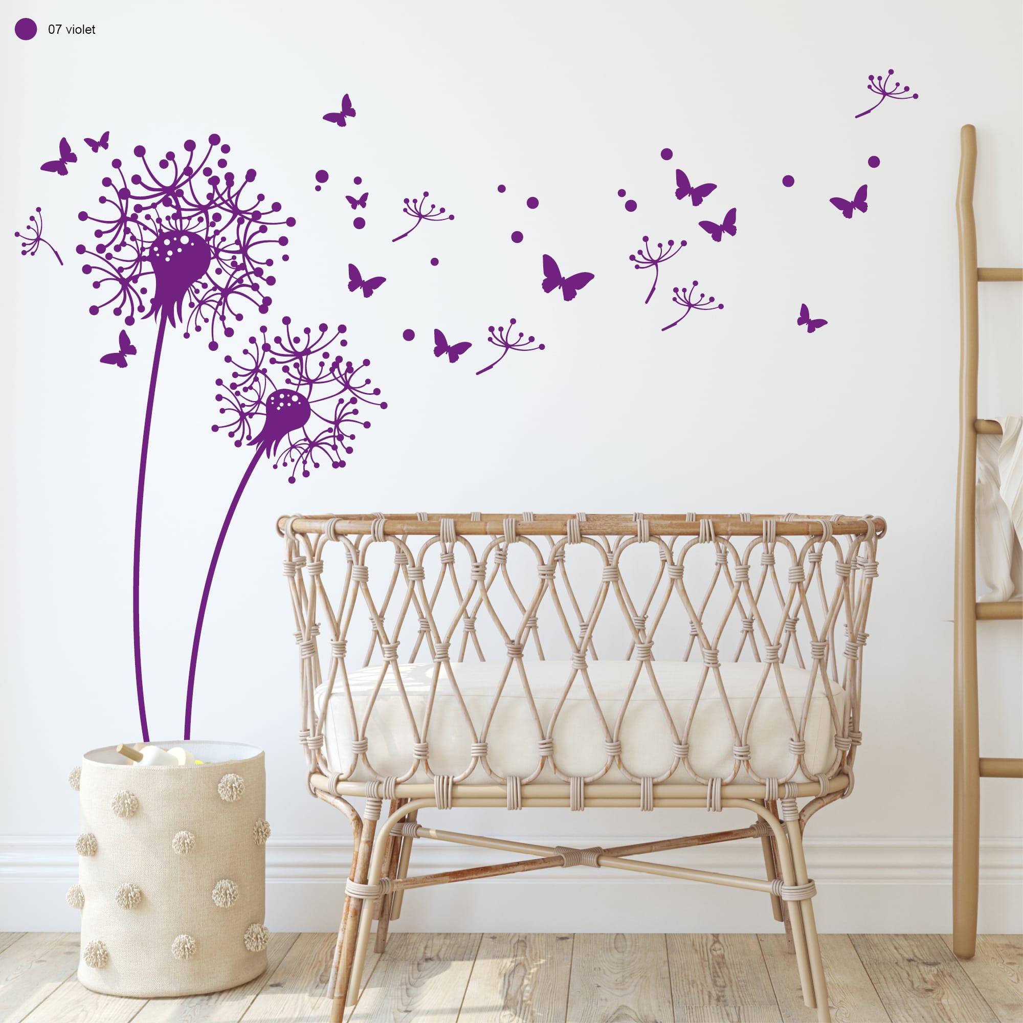 Auf dem Bild ist das Produkt: Wandtattoo Pusteblumen mit Pollen und Schmetterlinge Dekoration zum Preis von €29.9 abgebildet.