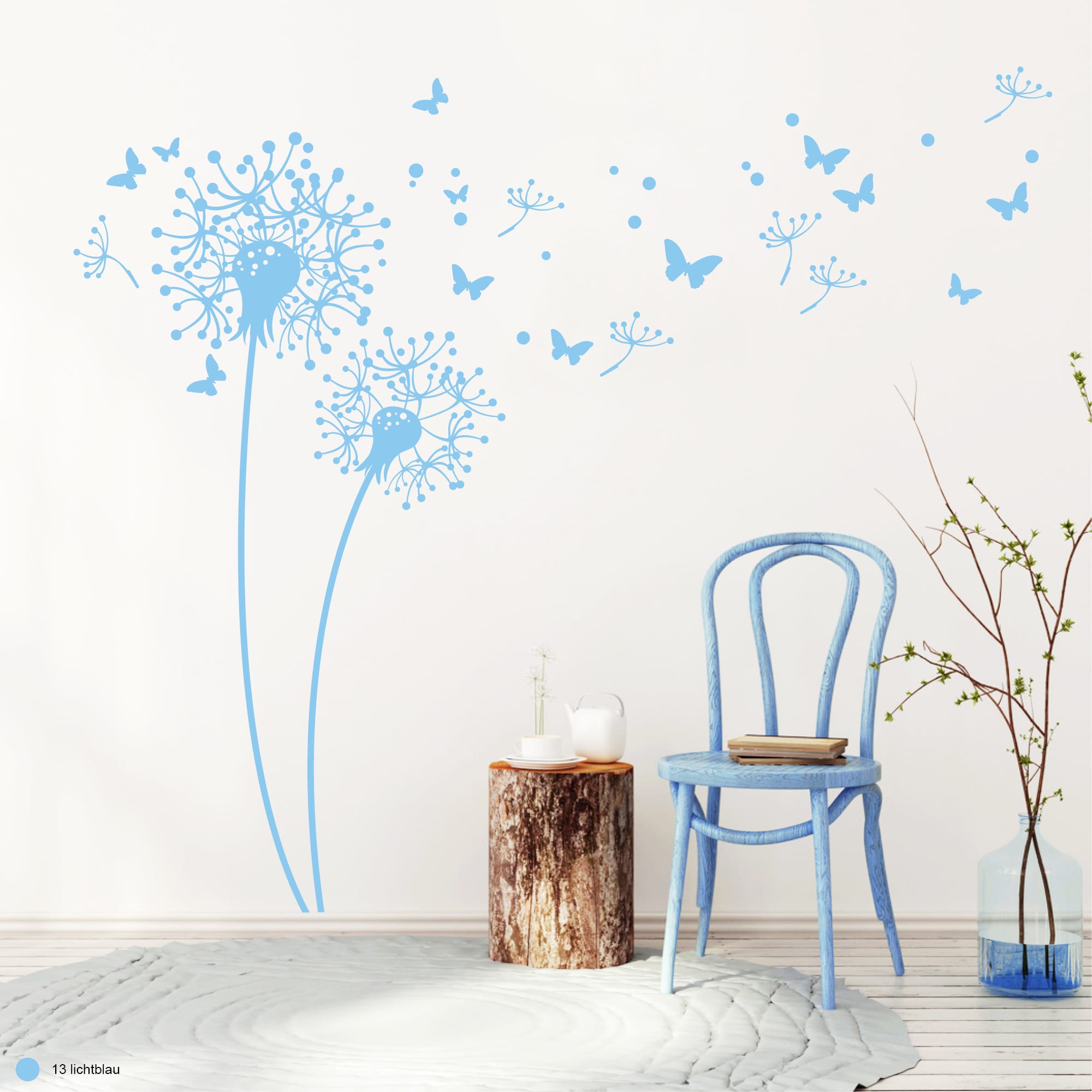 Auf dem Bild ist das Produkt: Wandtattoo Pusteblumen mit Pollen und Schmetterlinge Dekoration zum Preis von €29.9 abgebildet.