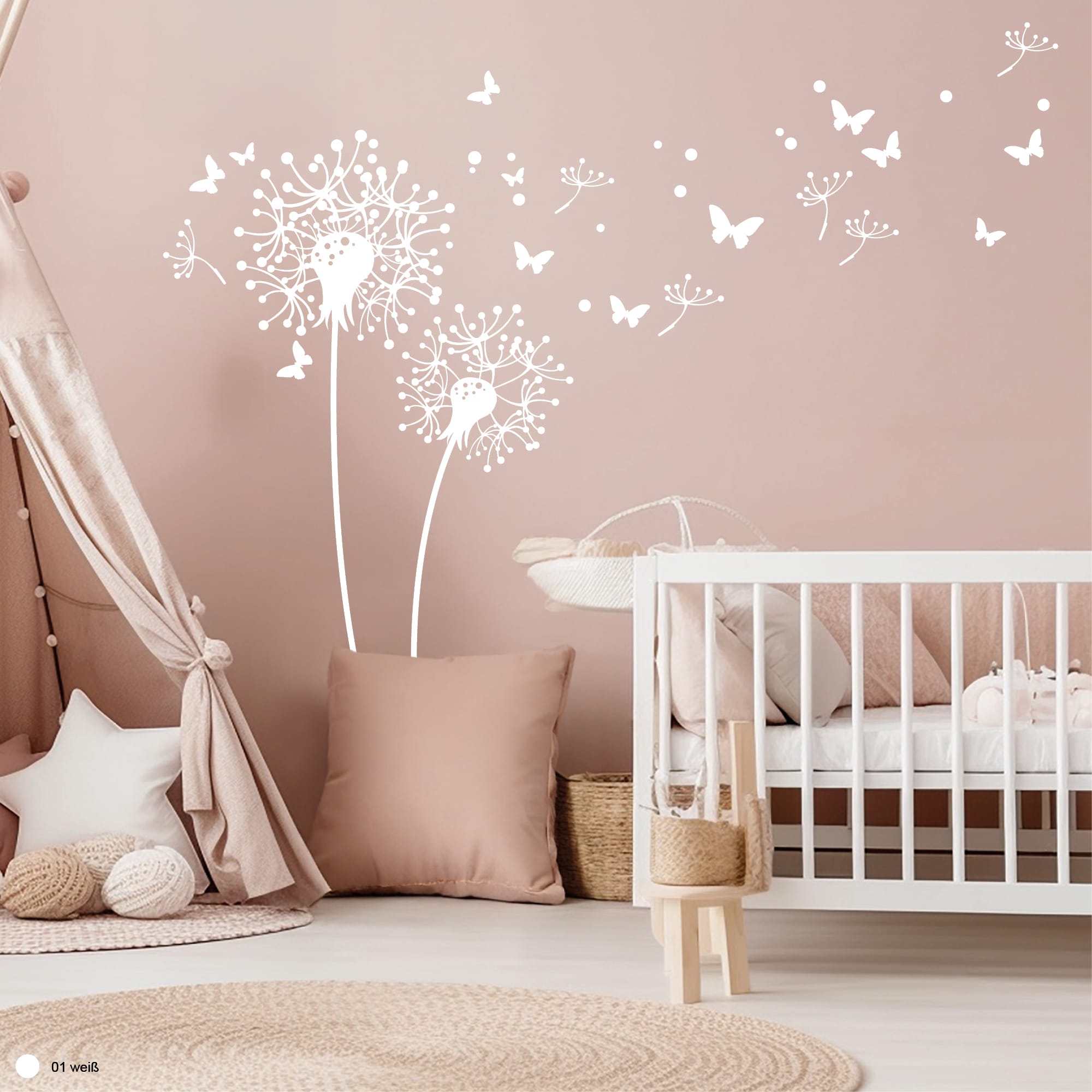 Auf dem Bild ist das Produkt: Wandtattoo Pusteblumen mit Pollen und Schmetterlinge Dekoration zum Preis von €29.9 abgebildet.