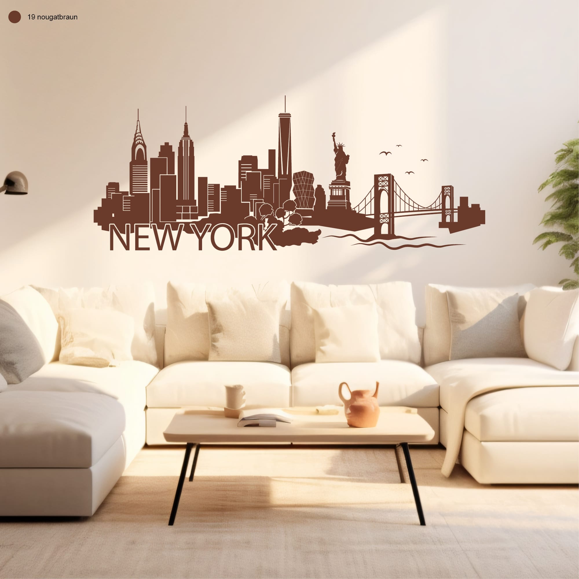 Auf dem Bild ist das Produkt: Wandtattoo Skyline New York mit Schriftzug, Wohndekoration zum Preis von €29.9 abgebildet.