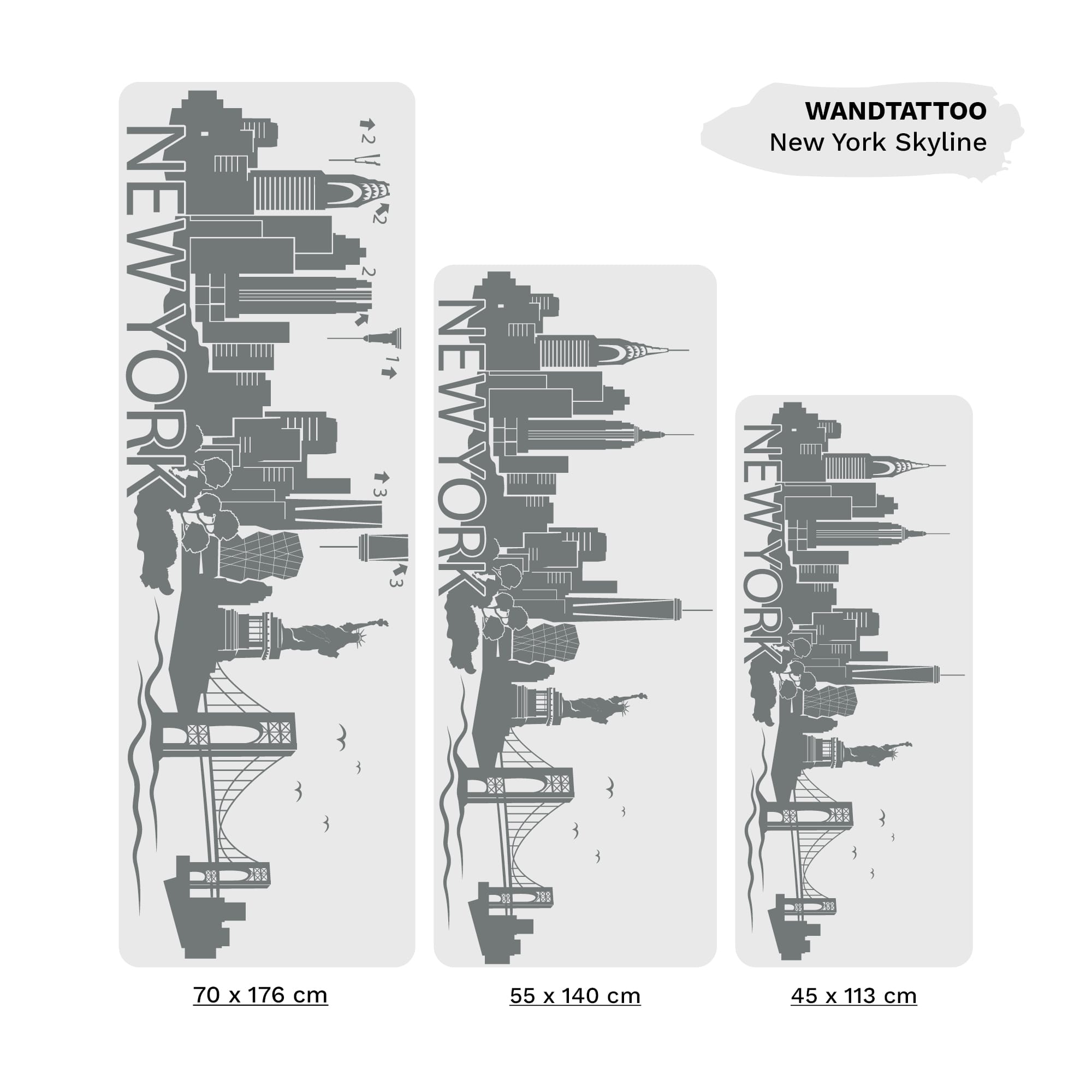 Auf dem Bild ist das Produkt: Wandtattoo Skyline New York mit Schriftzug, Wohndekoration zum Preis von €29.9 abgebildet.