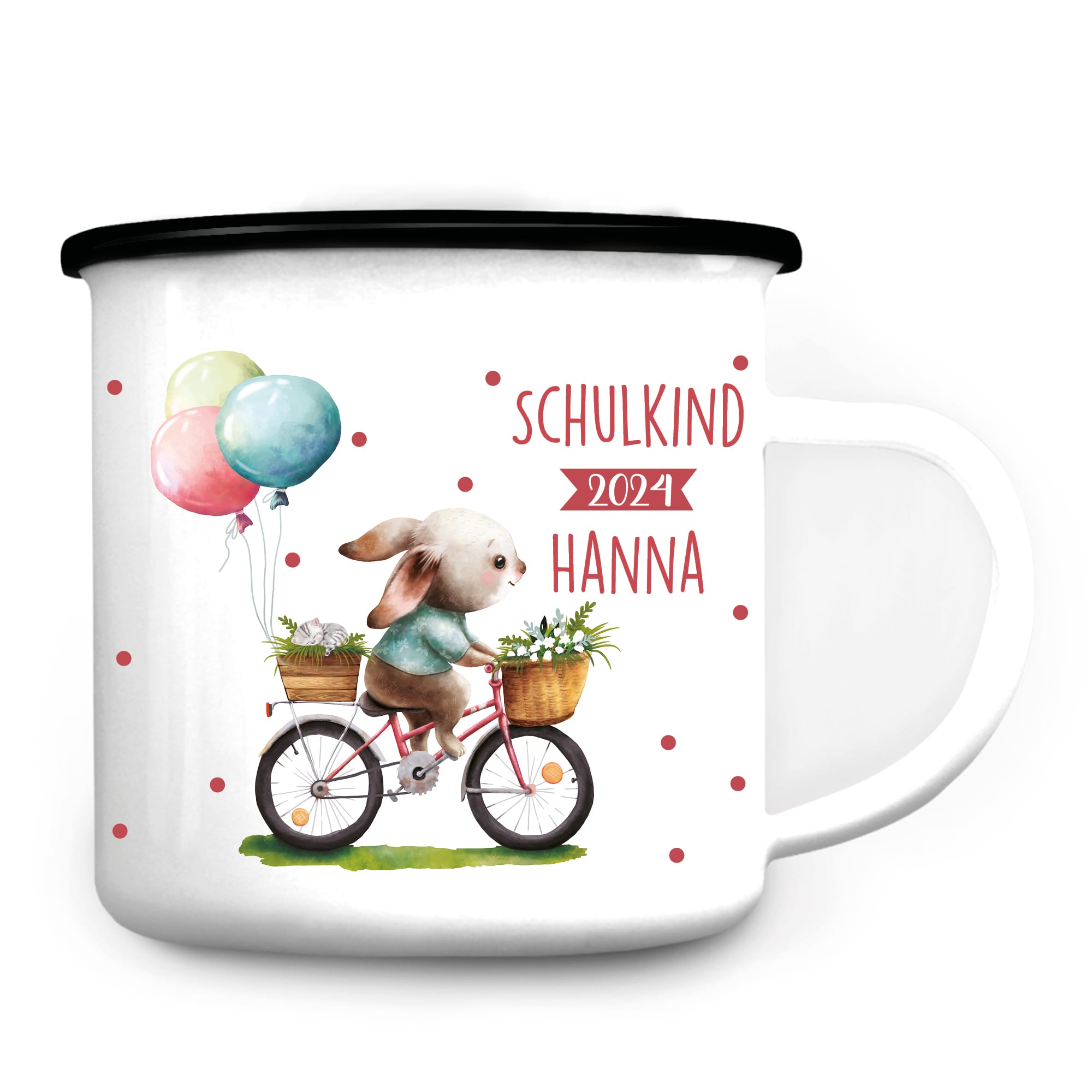 Auf dem Bild ist das Produkt: Kindertasse Emaille Becher Hase auf Fahrrad Schulkind personalisiertes Geschenk Einschulung Schulanfang Mädchen zum Preis von €18.90 abgebildet.